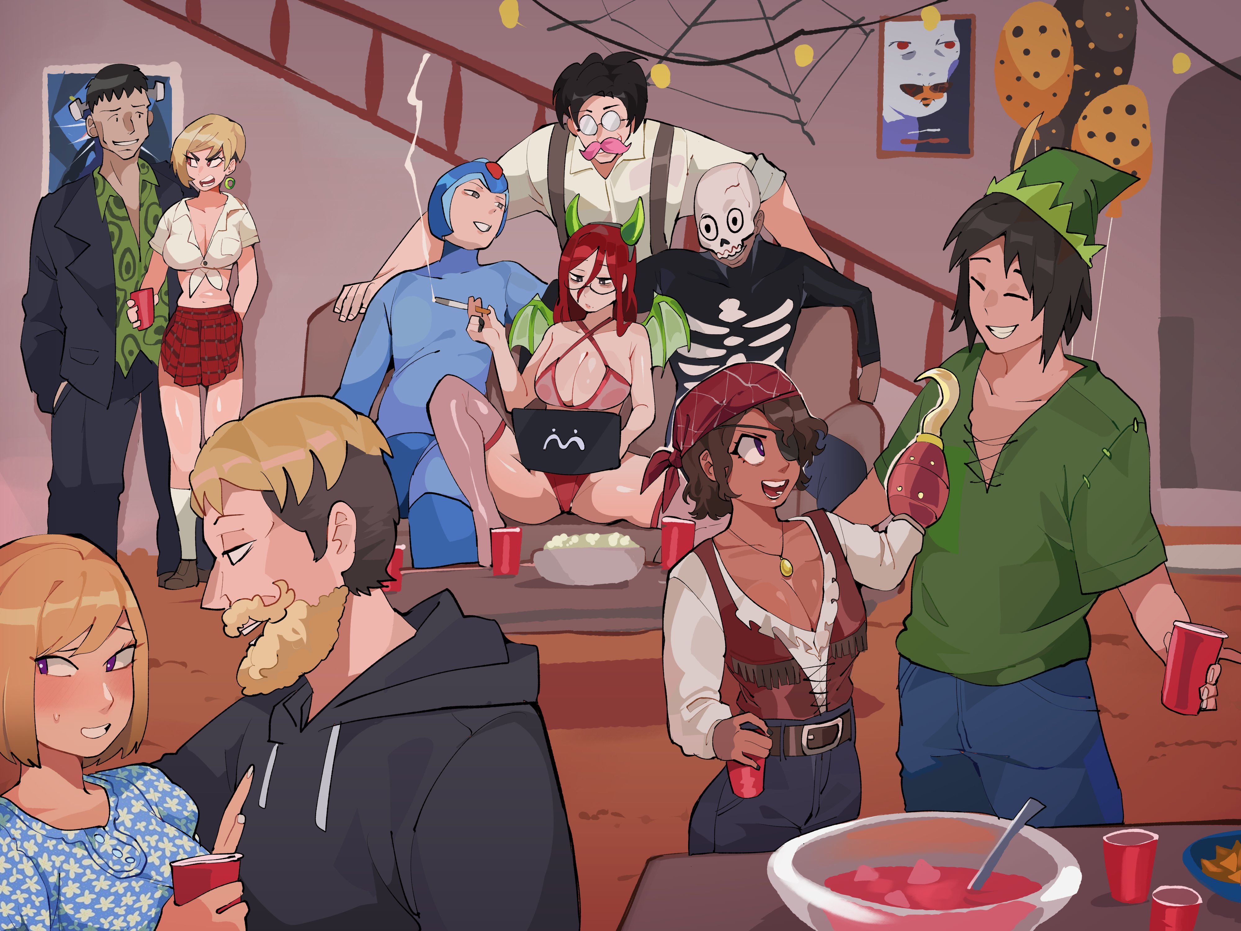 bags under eyes, bare shoulders, before sex, blonde hair, breasts, chiyoi (diforland), cleavage, cosplay, crop top, dark skin, dark-skinned female, diforland, expressionless, facial hair, gene (diforland), hair between eyes, halloween, halloween costume, halloween theme, hi res, imminent sex, indoors, karen (diforland), large breasts, lingerie, long hair, mature female, messy hair, mole, mole on breast, moustache, multiple boys, multiple girls, open mouth, original, party, purple eyes, short hair, underwear, vivien (diforland)