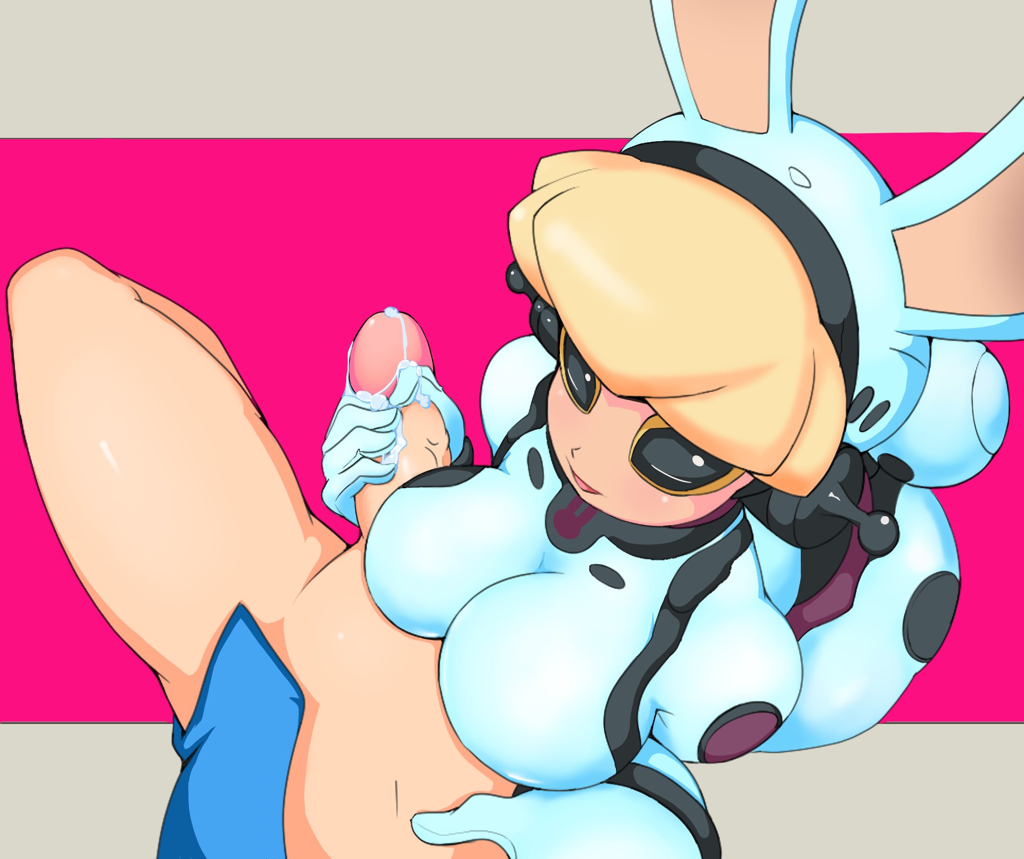 android, blonde hair, buffy-sugo, bunny, bunny girl, commission, cum, female, hand on penis, handjob, male, oc, penis, post-orgasm, pov, ric0cake, robot, robot girl, rocket league, simple background