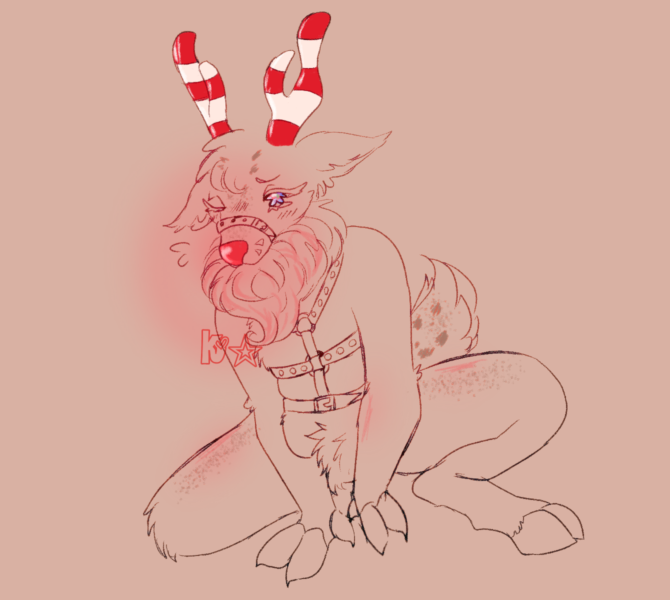 1boy, dandy's world, deer, furry, harness, k-starzz, male, no genitals, rudie (dandy's world), shy, sitting, sketch