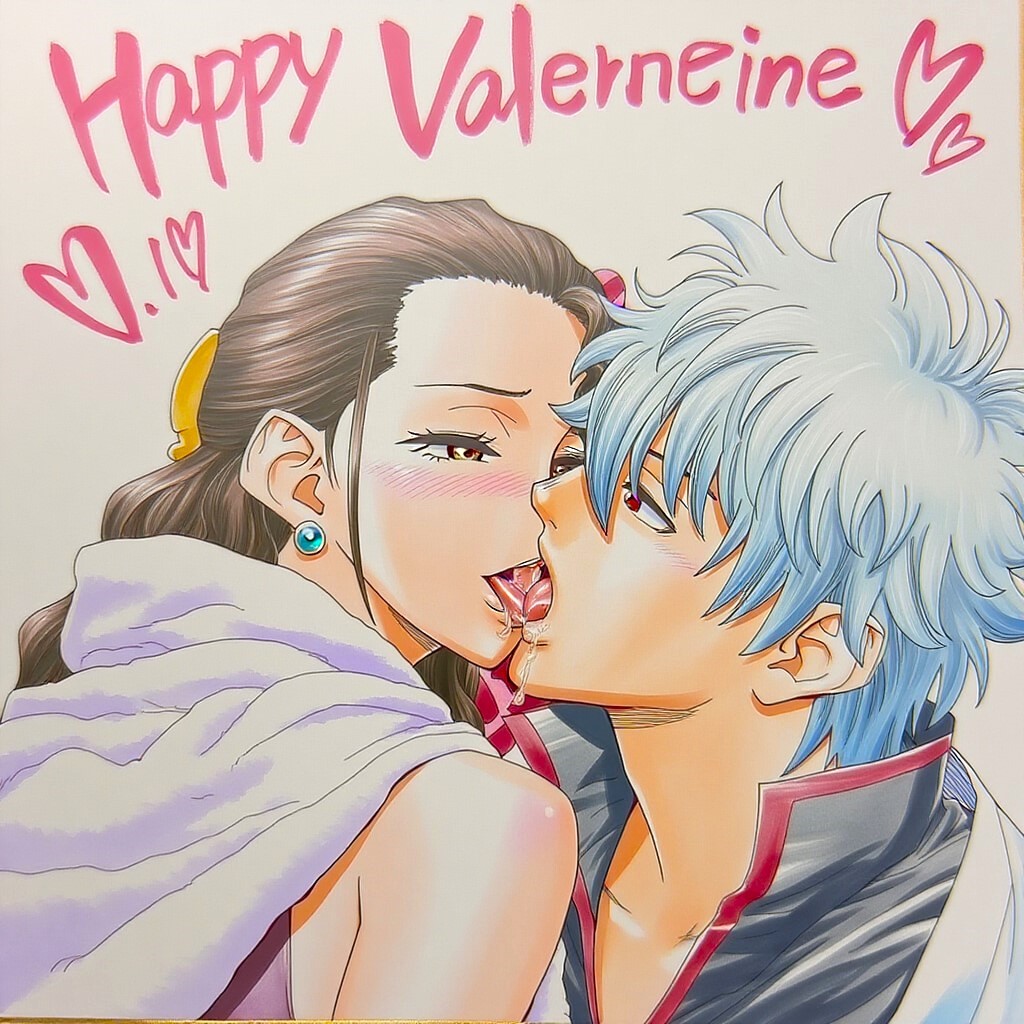 ai_generated anime banner beautiful big_breasts blush cape crossover crossover_shipping curly_hair dancer drawing dreson earrings english female flower french_kiss gintama gintoki_kiss_viola gintoki_sakata hair_ornament handsome happy happy_valentine heart japanese kissing love making_out male one_piece saliva samurai simple_background straight tongue tongue_kiss upper_body valentine's_day viola_(one_piece) voluptuous_female white_hair