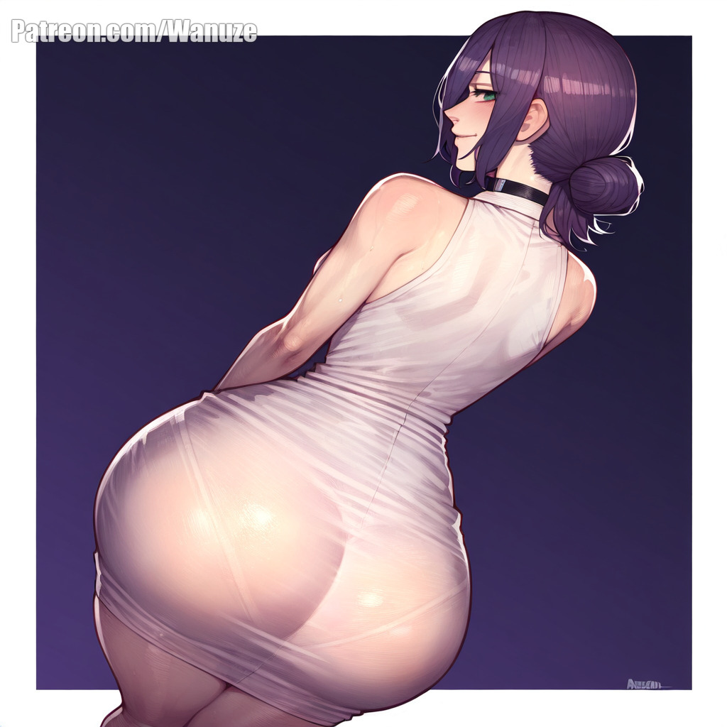 ai_generated big_ass big_butt big_thighs blush chainsaw_man from_behind from_behind_position green_eyes huge_ass huge_butt huge_thighs medium_breasts purple_hair reze_(chainsaw_man) see-through see-through_clothing simple_background small_breasts standing wanuze white_dress white_shirt wide_hips