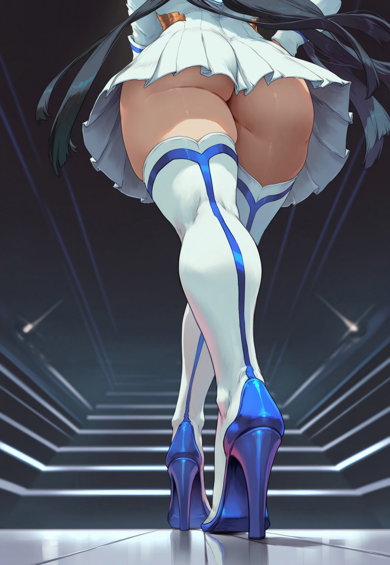 1girls, ai generated, ass, ass focus, black hair, dsp, female, female only, from behind, from below, high heels, kill la kill, kiryuuin satsuki, leg focus, legs, legwear, long hair, skirt, stairs
