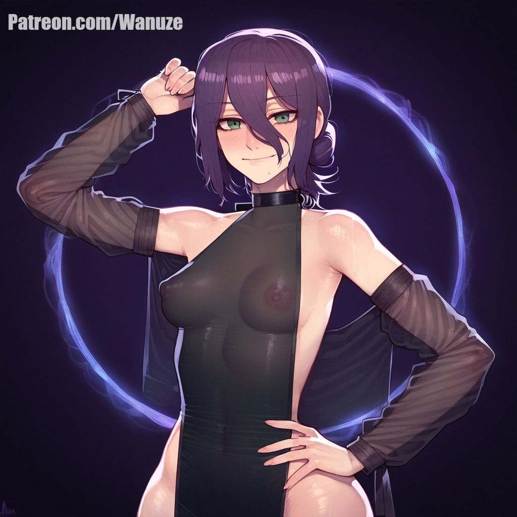 ai_generated big_ass big_butt big_thighs black_dress blush chainsaw_man green_eyes huge_ass huge_butt huge_thighs long_sleeves medium_breasts purple_hair reze_(chainsaw_man) see-through see-through_clothing simple_background small_breasts standing wanuze wide_hips