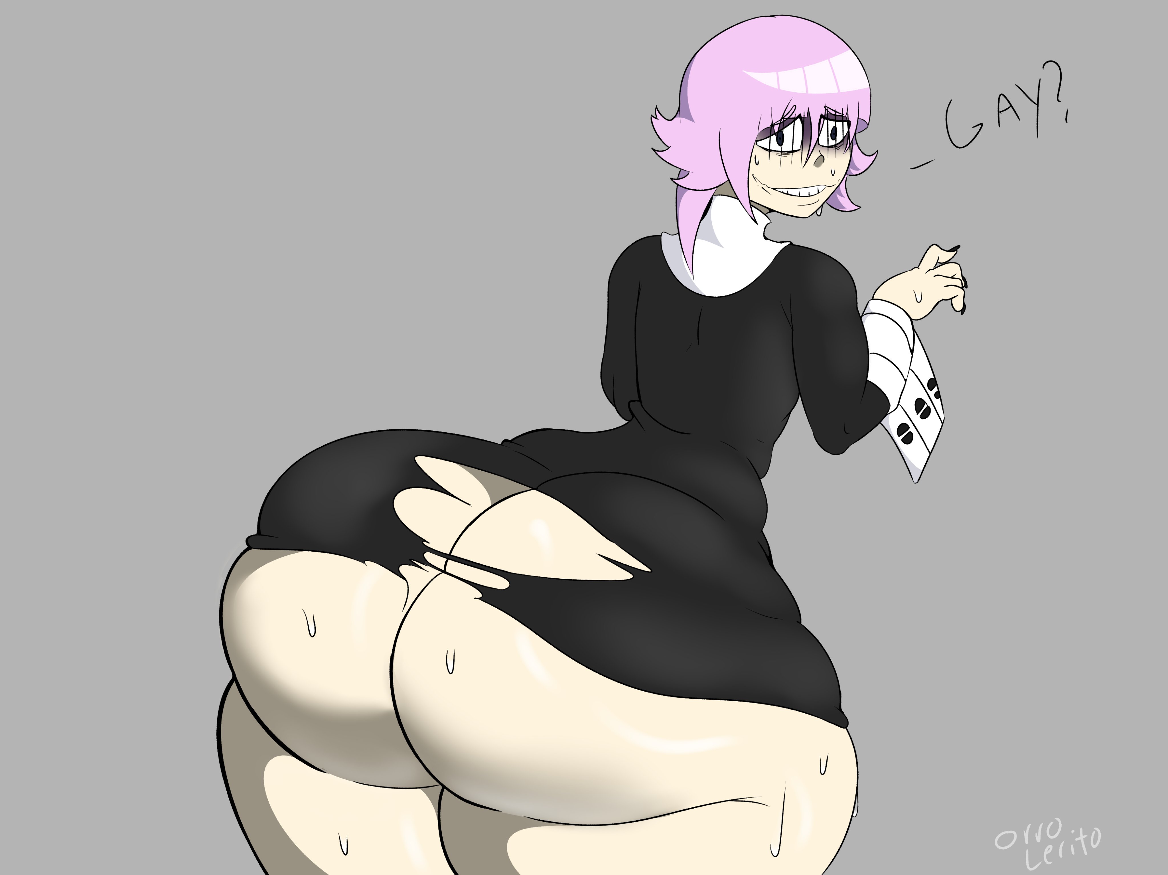 androgynous, ass, big ass, big butt, black nails, crona (soul eater), femboy, feminine male, gay, male, massive ass, massive butt, massive thighs, naked, nude, olerito, pale skin, pink hair, ripped clothing, soul eater, thick thighs, thighs, white skin