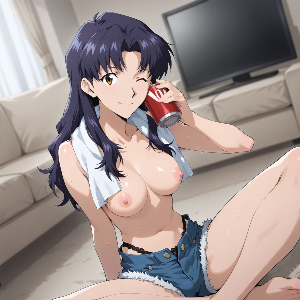 ai generated, blush, breasts, breasts out, female, misato katsuragi, naked, naked female, neon genesis evangelion, nude, nude female, purple hair, towel around neck