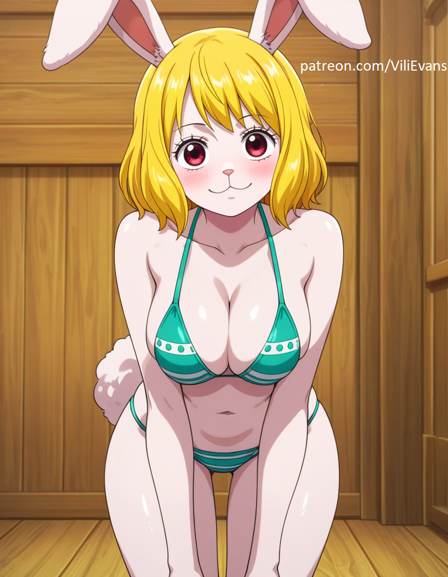 ai_generated big_breasts bikini blonde_hair carrot_(one_piece) clothing female female_only furry furry_female looking_at_viewer one_piece red_eyes swimsuit vilievans white_body white_skin