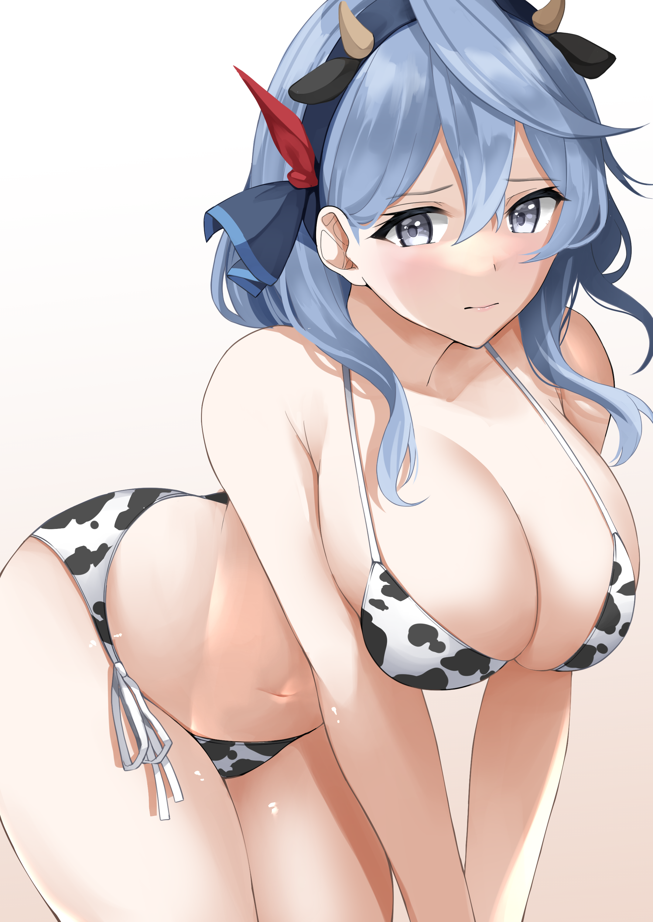 1girls, 2021, absurdres, ako (blue archive), animal ears, animal print, bangs, bent over, bikini, bikini bottom, bikini top, blue archive, blue hair, breasts, cleavage, closed mouth, cow bikini, cow ears, cow horns, cow print, curvy, fake animal ears, fake horns, female, female focus, female only, gehenna academy student, grey eyes, hair ribbon, hairband, highres, horns, huge breasts, long hair, looking at viewer, navel, prefect team (blue archive), raised eyebrows, ribbon, sakuma shiiya, side-tie bikini, solo, solo female, swimsuit