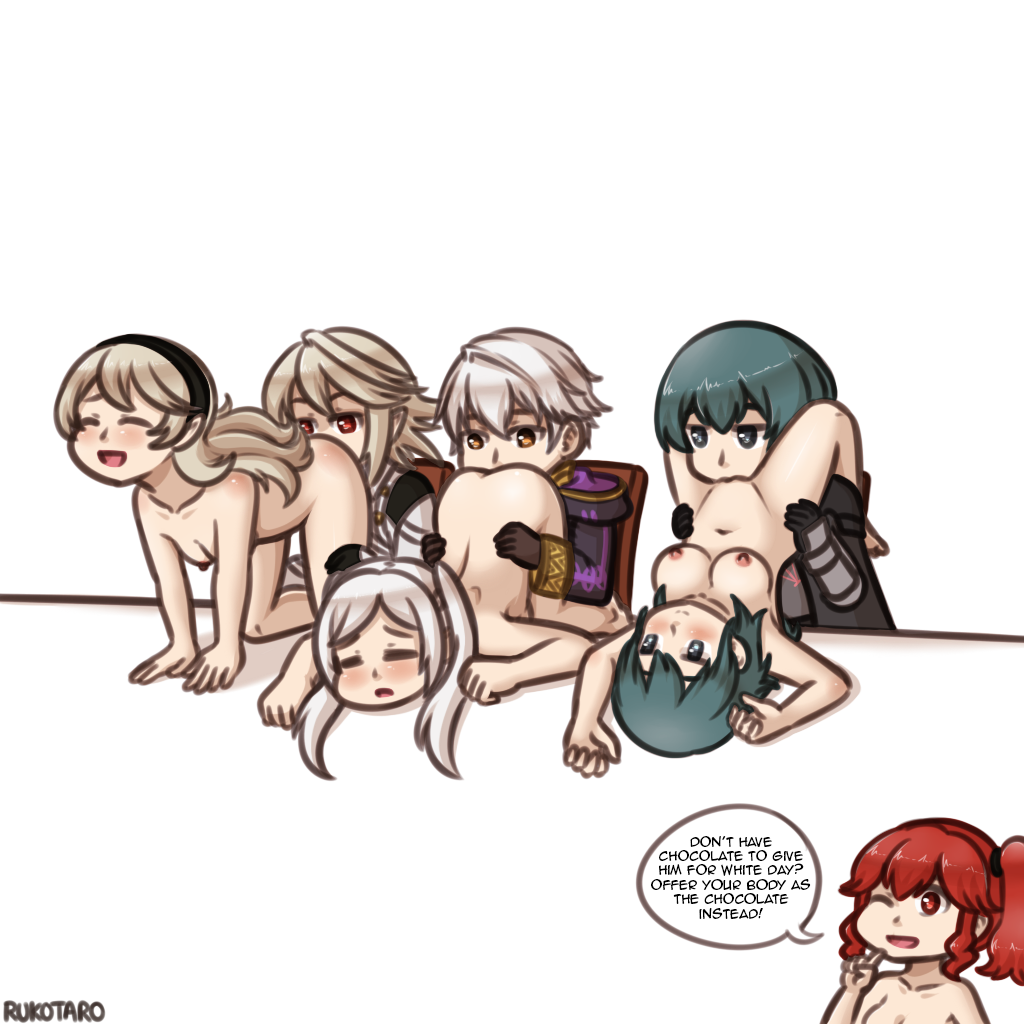 3boys 4girls all_fours anna_(fire_emblem) ass barefoot blonde_hair blue_hair breasts byleth_(fire_emblem) byleth_(fire_emblem)_(female) byleth_(fire_emblem)_(male) chocolate cleavage clothed_male_nude_female corrin_(fire_emblem) corrin_(fire_emblem)_(female) corrin_(fire_emblem)_(male) cunnilingus english_text fire_emblem fire_emblem:_three_houses fire_emblem_awakening fire_emblem_fates long_hair multiple_boys multiple_girls navel nintendo nipples nude nude_female ponytail pussy red_hair robin_(fire_emblem) robin_(fire_emblem)_(female) robin_(fire_emblem)_(male) rukotaro selfcest short_hair source_request stripes twintails white_hair