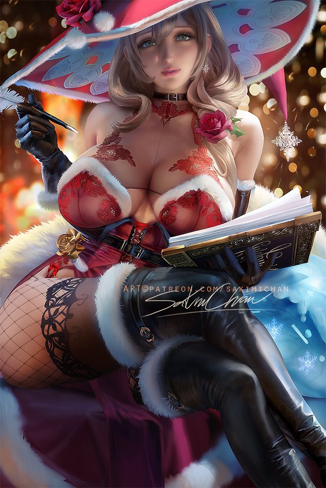 1girls, 2021, artist signature, big hat, black boots, black gloves, black legwear, blurred background, book, boots, breasts, brown hair, choker, christmas, clothed, clothed female, clothing, female, female only, fishnets, genshin impact, gloves, green eyes, hat, hips, holding object, indoors, large breasts, leggings, legwear, lisa (genshin impact), looking at viewer, no bra, pen, pink lips, red hat, rose (flower), sakimichan, side ponytail, slim waist, slime, slime (genshin impact), snowflake, staring at viewer, thick thighs, thighs, uncensored, watermark, white fur, wide hips