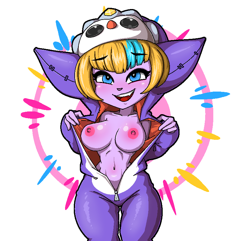alternate color, big breasts, breasts, clothed, clothing, female, flashing, flashing breasts, humanoid, kigurumi, league of legends, marshort, open mouth, open smile, pajamas, partially clothed, riot games, simple background, smile, solo, tristana, video games, white background, yordle