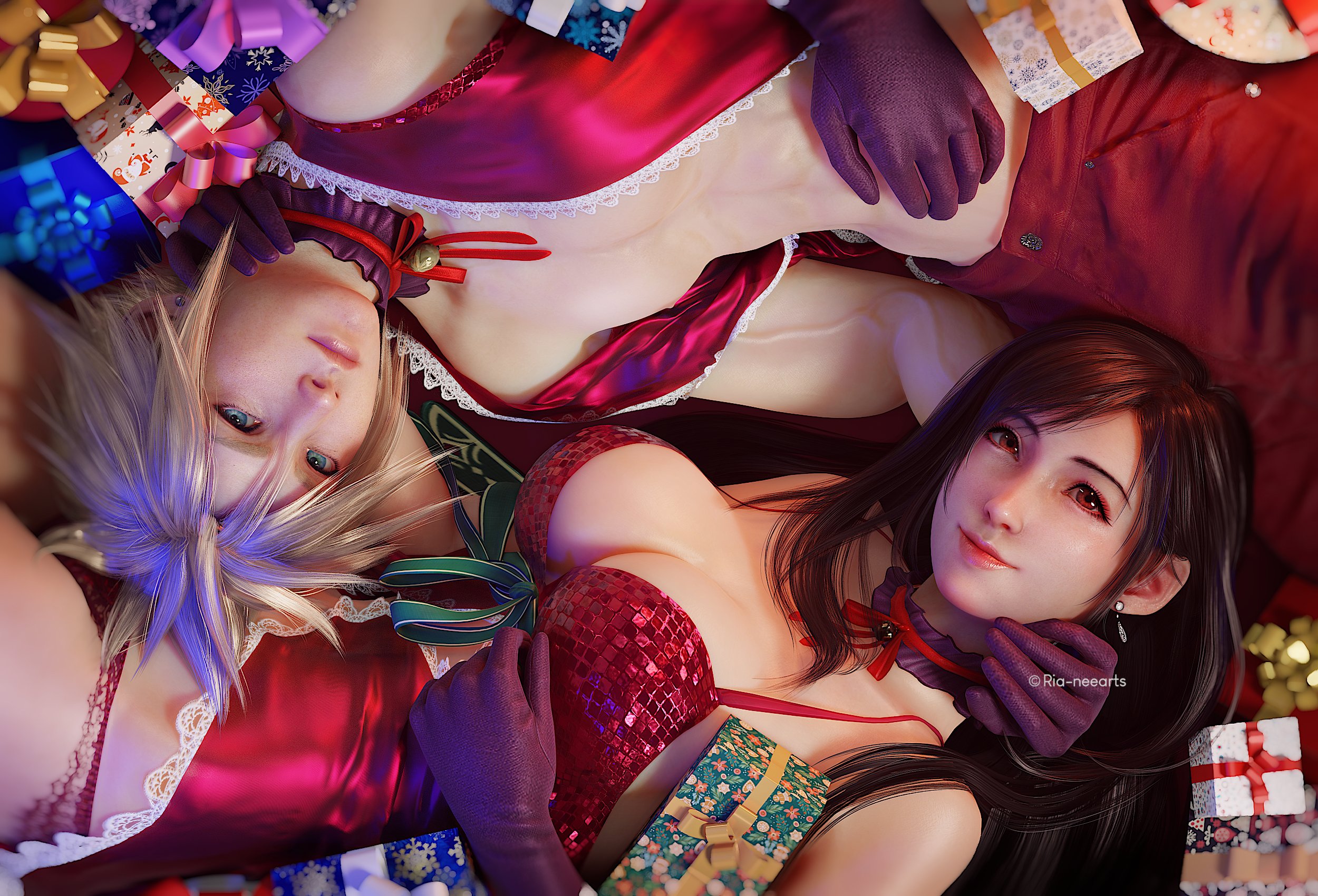 1boy, 1girls, 3d, ass, big ass, big breasts, big butt, black hair, blender, bra, breasts, busty, christmas, cloud strife, couple, cute, female, femboy, final fantasy, final fantasy vii, final fantasy vii remake, fit, fit female, hair, male, panties, ria-neearts, romantic couple, sensual, tifa lockhart, wholesome