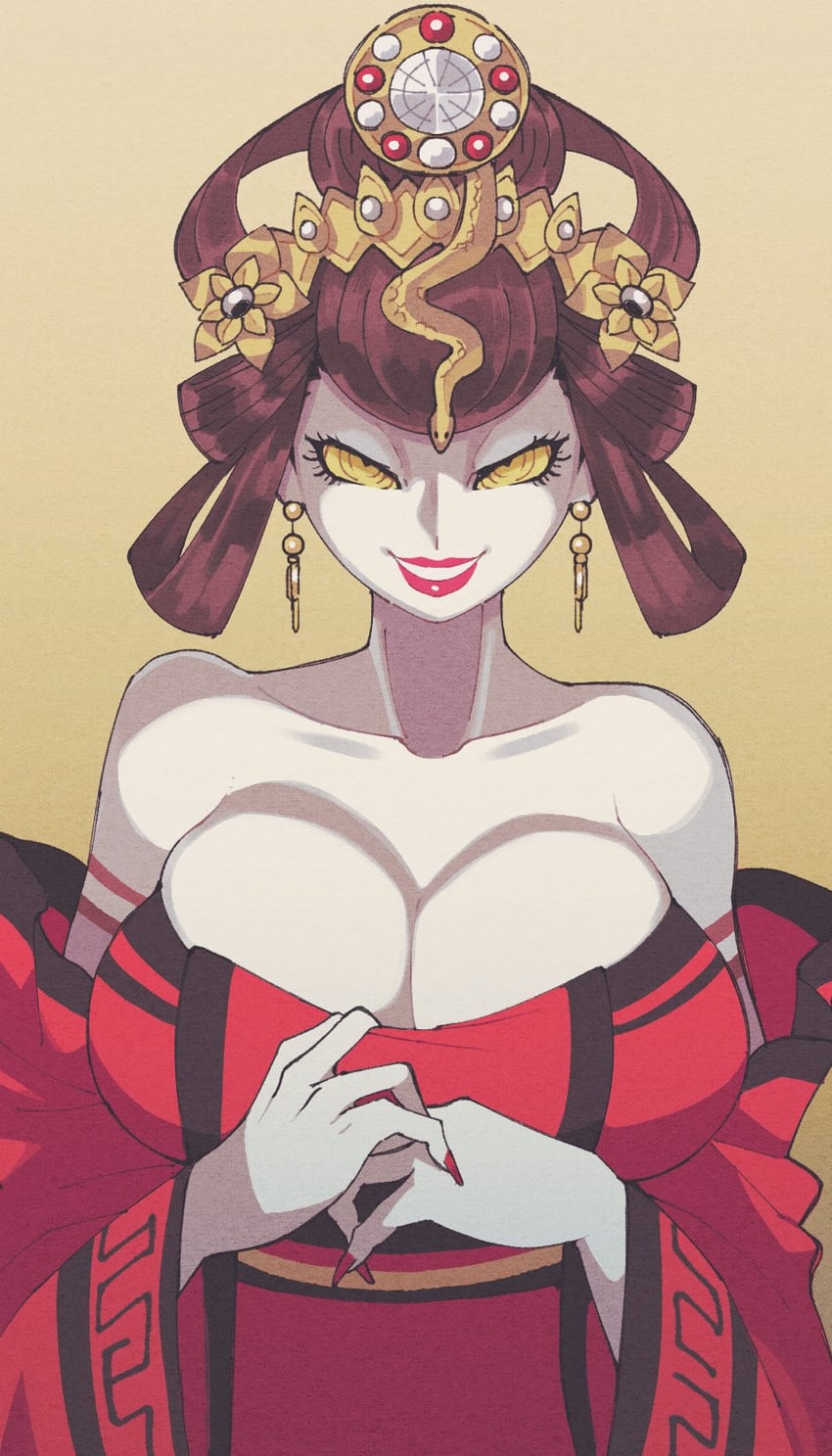 1girls, bare shoulders, breasts, chinese clothes, cleavage, clothed, commentary, cup, detached sleeves, dress, earrings, english commentary, female, fingernails, hair rings, highres, inkerton-kun, inkuusan, jewelry, lipstick, looking at viewer, makeup, massive breasts, megami tensei, nuwa (megami tensei), pale skin, red dress, sakazuki, sharp fingernails, shin megami tensei, solo, solo female, solo focus, yellow background, yellow eyes