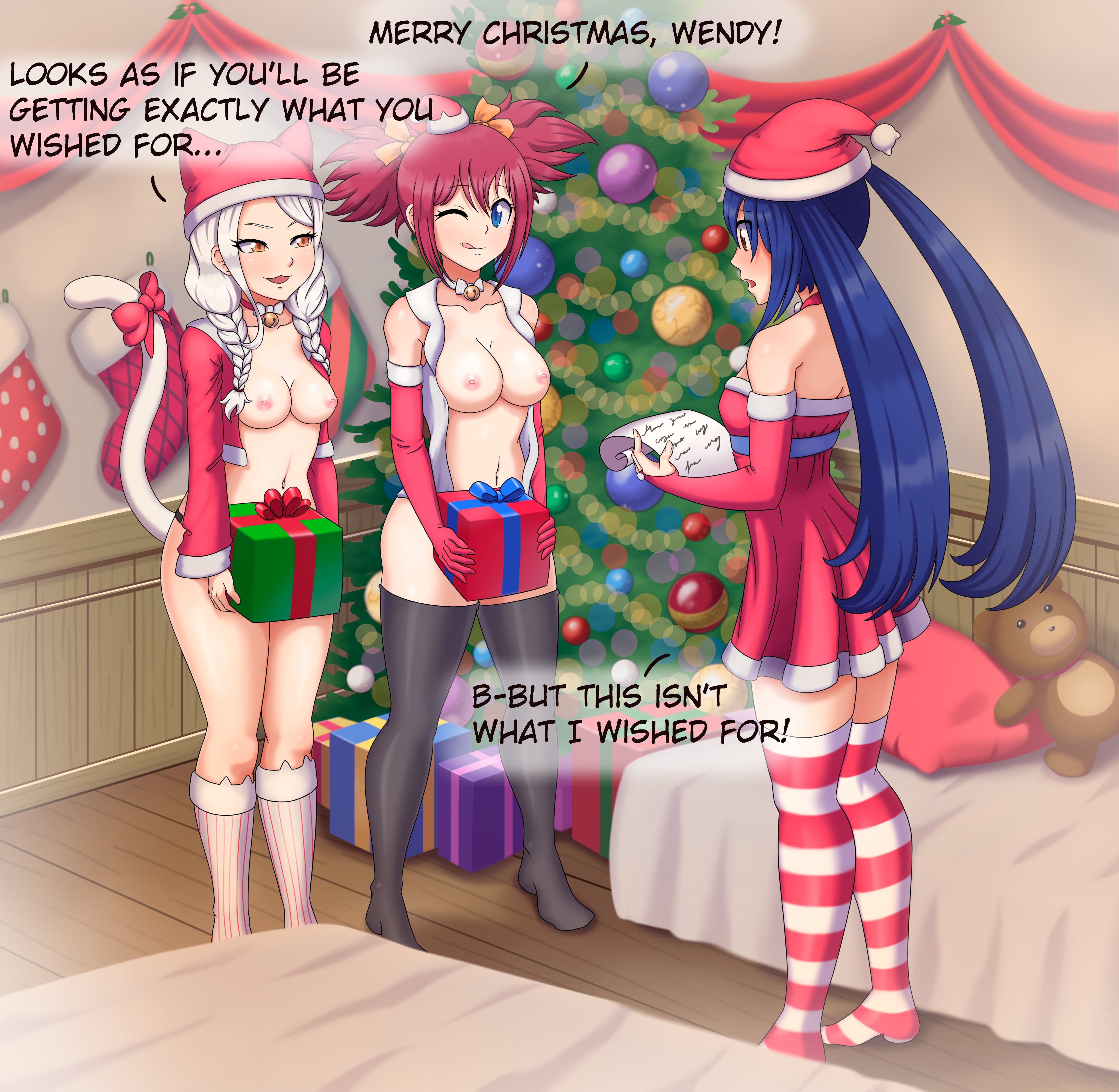 1girls, 2futas, blue hair, blue-haired female, carla (fairy tail), chelia blendy, christmas, christmas outfit, christmas tree, fairy tail, female, futanari, intersex, pink hair, text bubble, twintails, wendy marvell, white hair