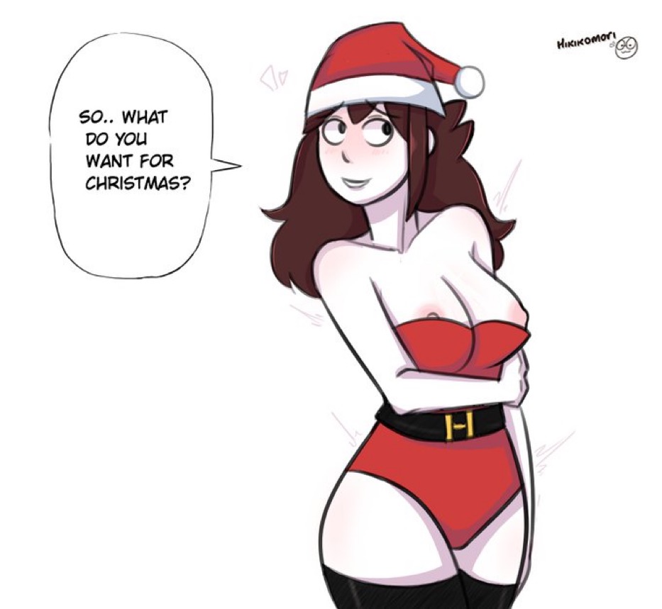 arm_under_breasts bare_shoulders blush blushing breasts brown_hair christmas christmas_clothing christmas_outfit collarbone dialogue female hikikomori jaiden jaiden_animations jaidenanimations looking_away looking_to_the_side nipple_slip pink_nipples red_leotard santa_hat santa_suit smile smiling solo tagme text thighhighs white_skin youtube youtuber