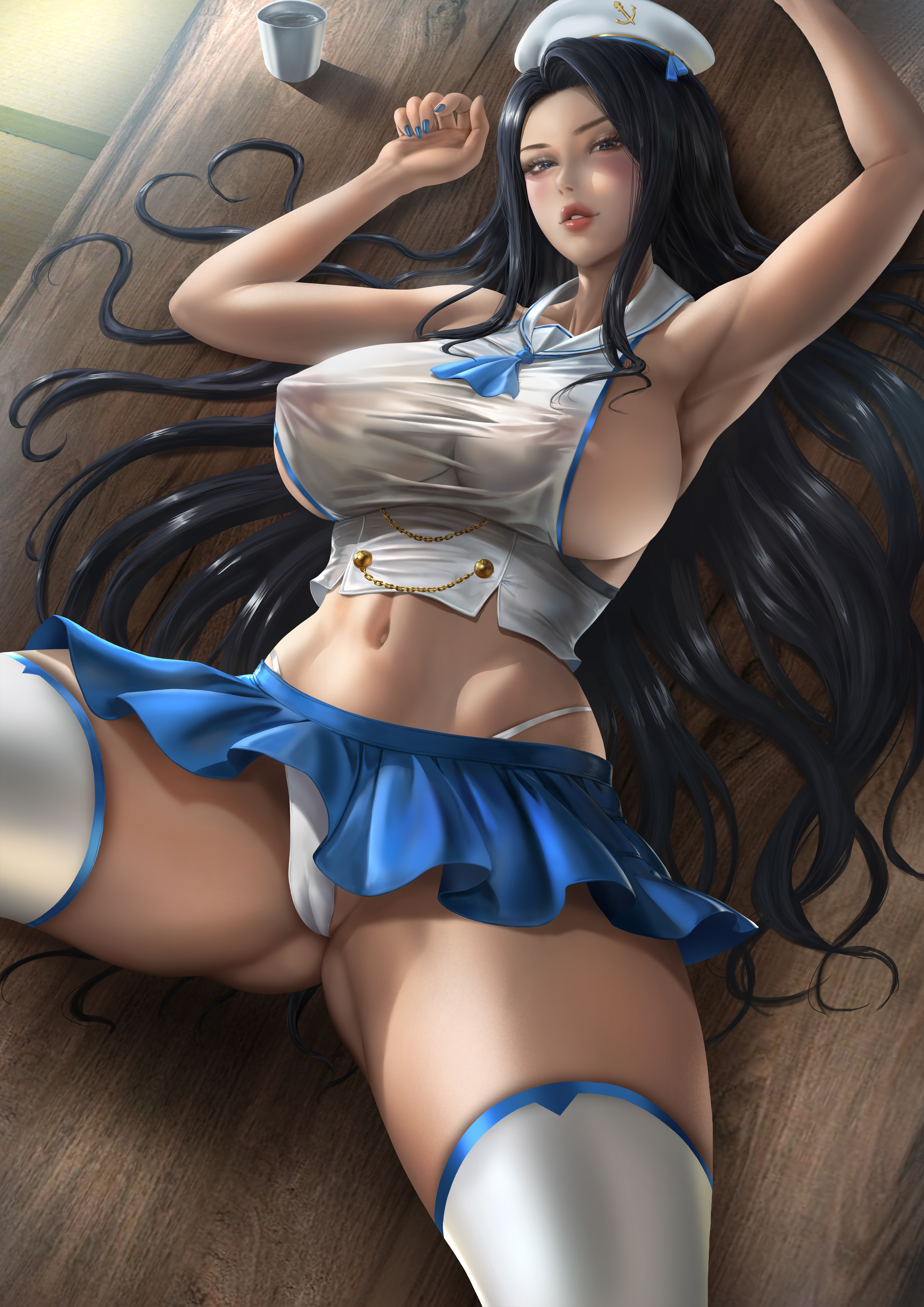 1girls, abs, absurd res, alternate costume, areola, areolae, arm up, armpit, bare arms, bare midriff, bare shoulders, bare skin, bare thighs, big breasts, black hair, blue eyes, blue nail polish, blue nails, breasts, clothed, clothing, extremely large filesize, female, female focus, female only, fit, fit female, high resolution, highres, hips, invincible dragon (last origin), invincible dragon (sailor dress) (last origin), large breasts, last origin, legs, lexaiduer, light skin, light-skinned female, lips, lipstick, long hair, looking at viewer, midriff, miniskirt, nail polish, nails, navel, nipple bulge, nipples, nipples visible through clothing, official alternate costume, on back, open legs, panties, red lips, red lipstick, sailor hat, sailor uniform, see-through shirt, shirt, sideboob, skimpy, skimpy clothes, skirt, sleeveless, sleeveless shirt, slim female, slim waist, solo, solo female, solo focus, thick thighs, thighhighs, thighs, tight clothing, tight fit, tight shirt, toned, toned female, underwear, very high resolution, white panties, white underwear, wide hips, wooden floor