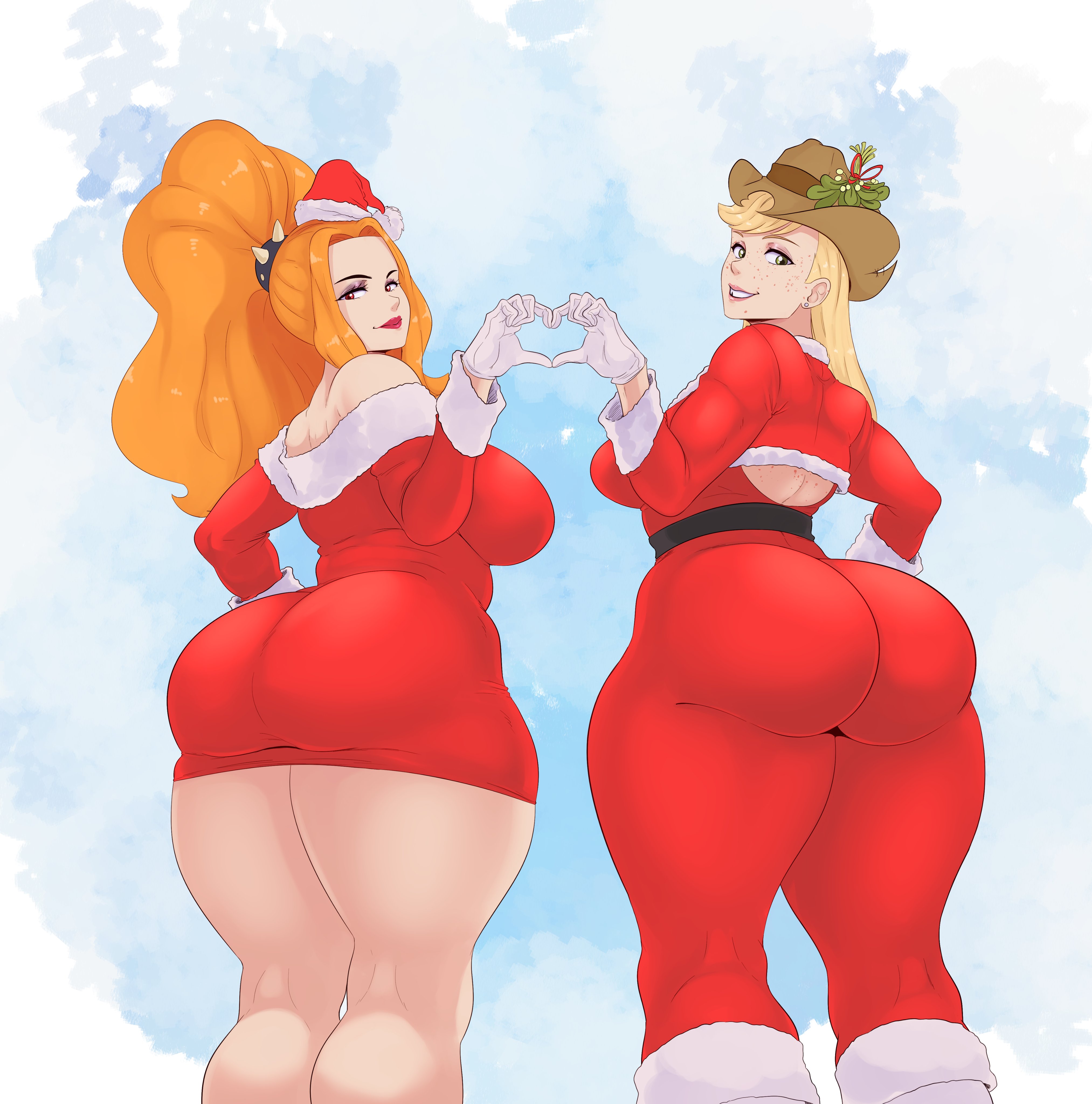 2girls, adagio dazzle, applejack (mlp), ass, ass in dress, big ass, christmas, equestria girls, female, female only, friendship is magic, hasbro, heart hands, huge ass, human, humanized, hyper, hyper ass, looking at viewer, looking back, my little pony, santa hat, smooth skin, sunnysundown, thick thighs, wide hips