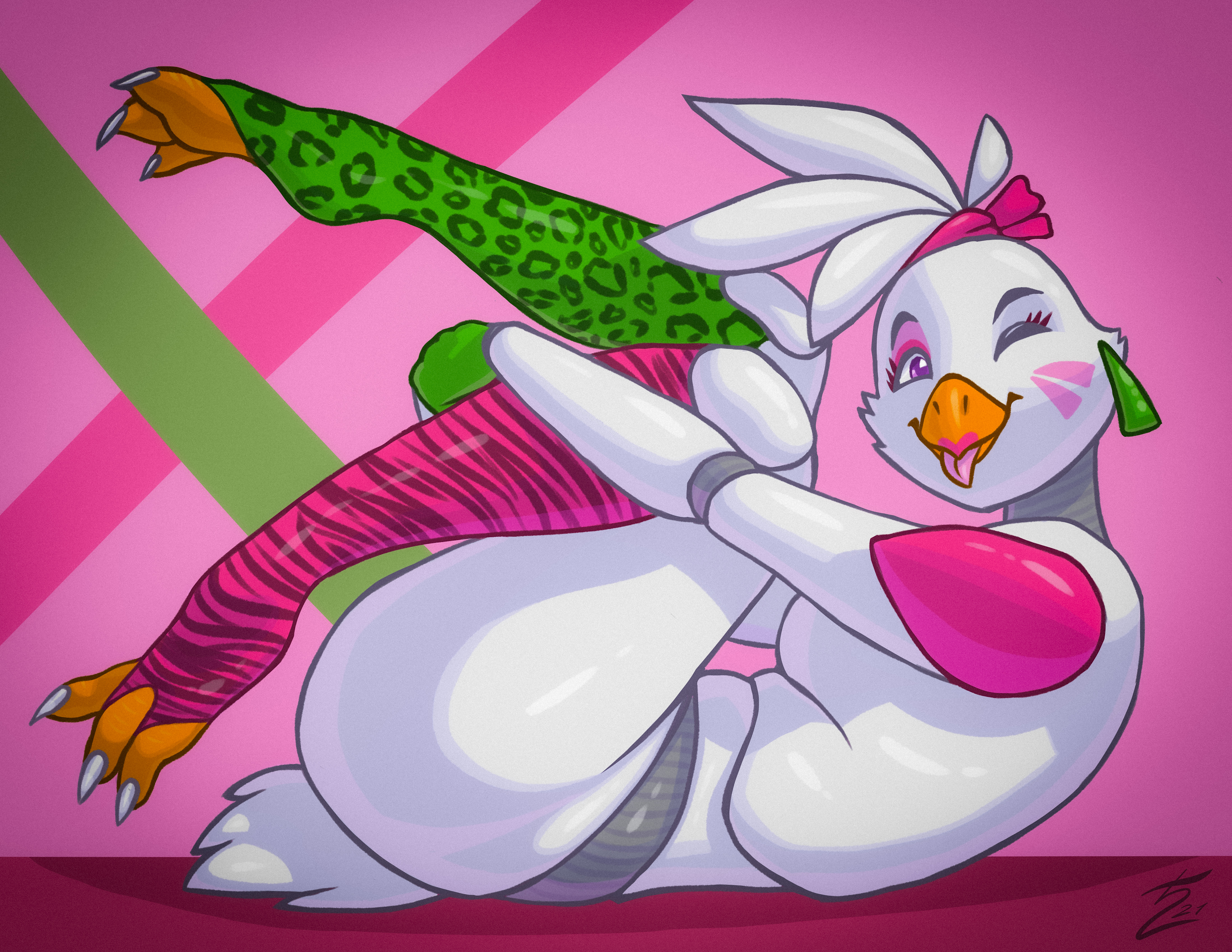 absurd res, animatronic, anthro, ass, avian, beak, big ass, big butt, breasts, clothing, female, five nights at freddy's, five nights at freddy's: security breach, furry, glamrock chica (fnaf), glistening, glistening body, hi res, holding leg, leg warmers, legwear, legwear only, lipstick, living machine, lying, machine, makeup, on back, one eye closed, pink eyes, robot, saturturn, scottgames, side boob, simple background, solo, thick thighs, tongue, tongue out, video games, white body, wink