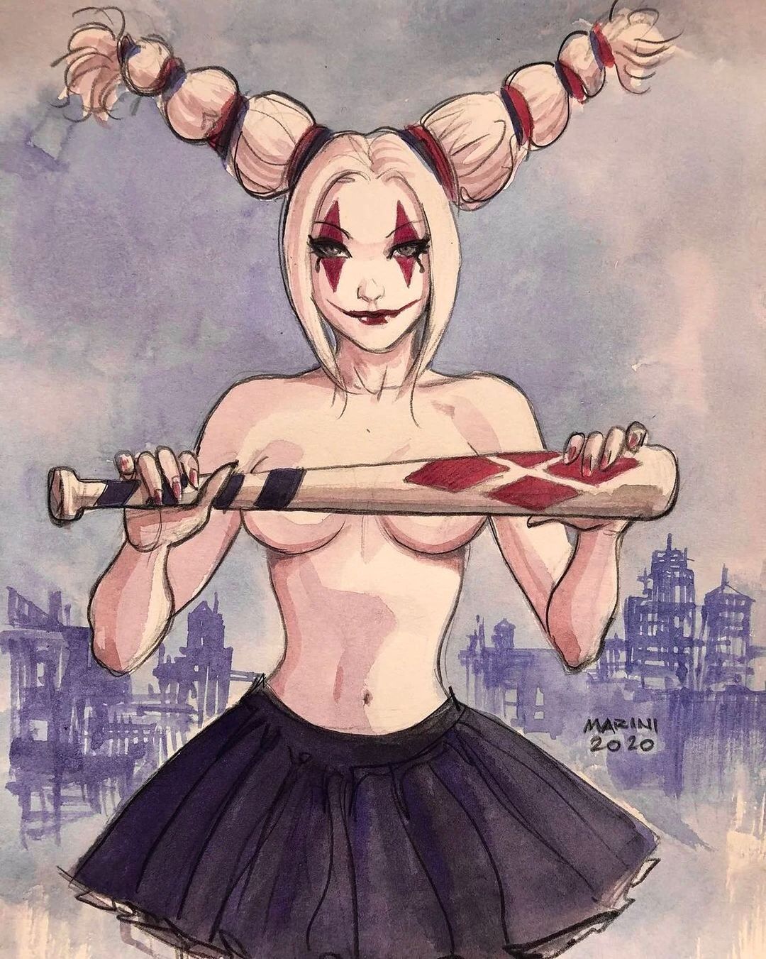 baseball_bat batman:_the_dark_prince_charming breasts dc dc_comics enrico_marini female harley_quinn harley_quinn_(the_dark_prince_charming) skirt solo topless