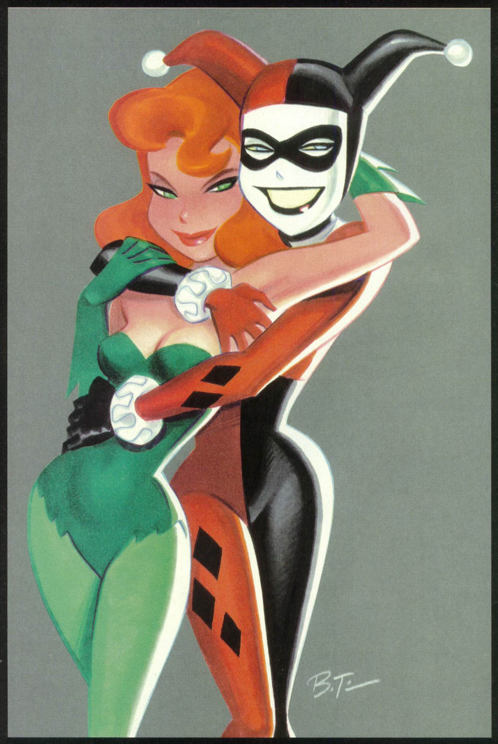 2girls batman:_the_animated_series batman_(series) bruce_timm canon_couple dc_comics dcau female female_only footwear handwear harley_quinn harley_quinn_(classic) human official_art poison_ivy poison_ivy_(dcau) red_hair yuri