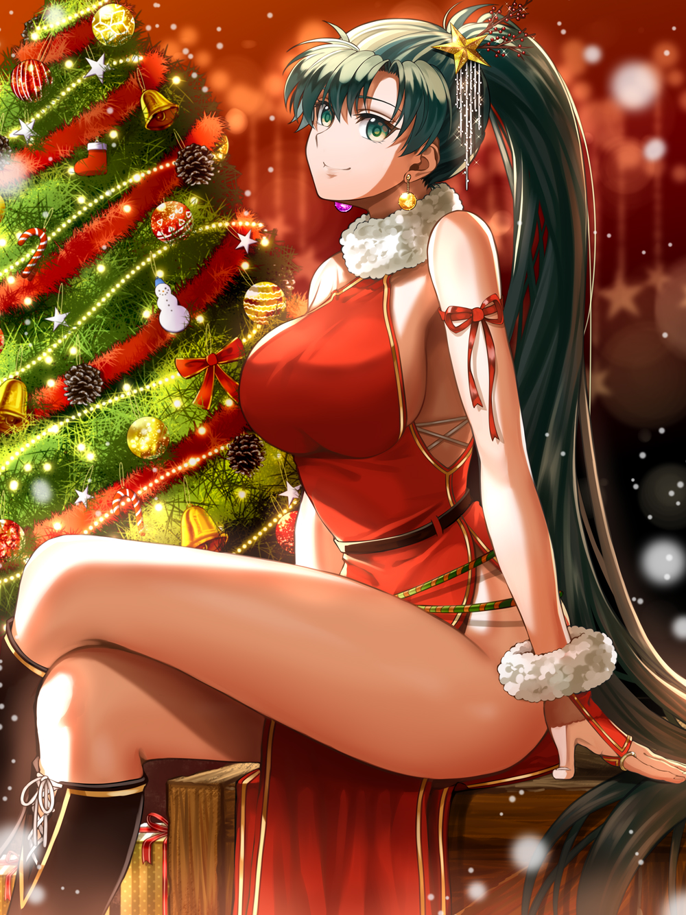 1girls alternate_costume arm_ribbon bell black_footwear blurry box breasts christmas christmas_ornaments christmas_tree commentary crossed_legs delsaber earrings female female_only fire_emblem fire_emblem:_the_blazing_blade fur-trimmed_collar gem gift gift_box green_hair hair_between_eyes hair_ornament highres indoors jewelry large_breasts long_hair looking_to_the_side lyn_(fire_emblem) lyndis_(fire_emblem) nintendo ponytail red_ribbon ribbon santa_costume sitting smile snow solo star_(symbol) very_long_hair