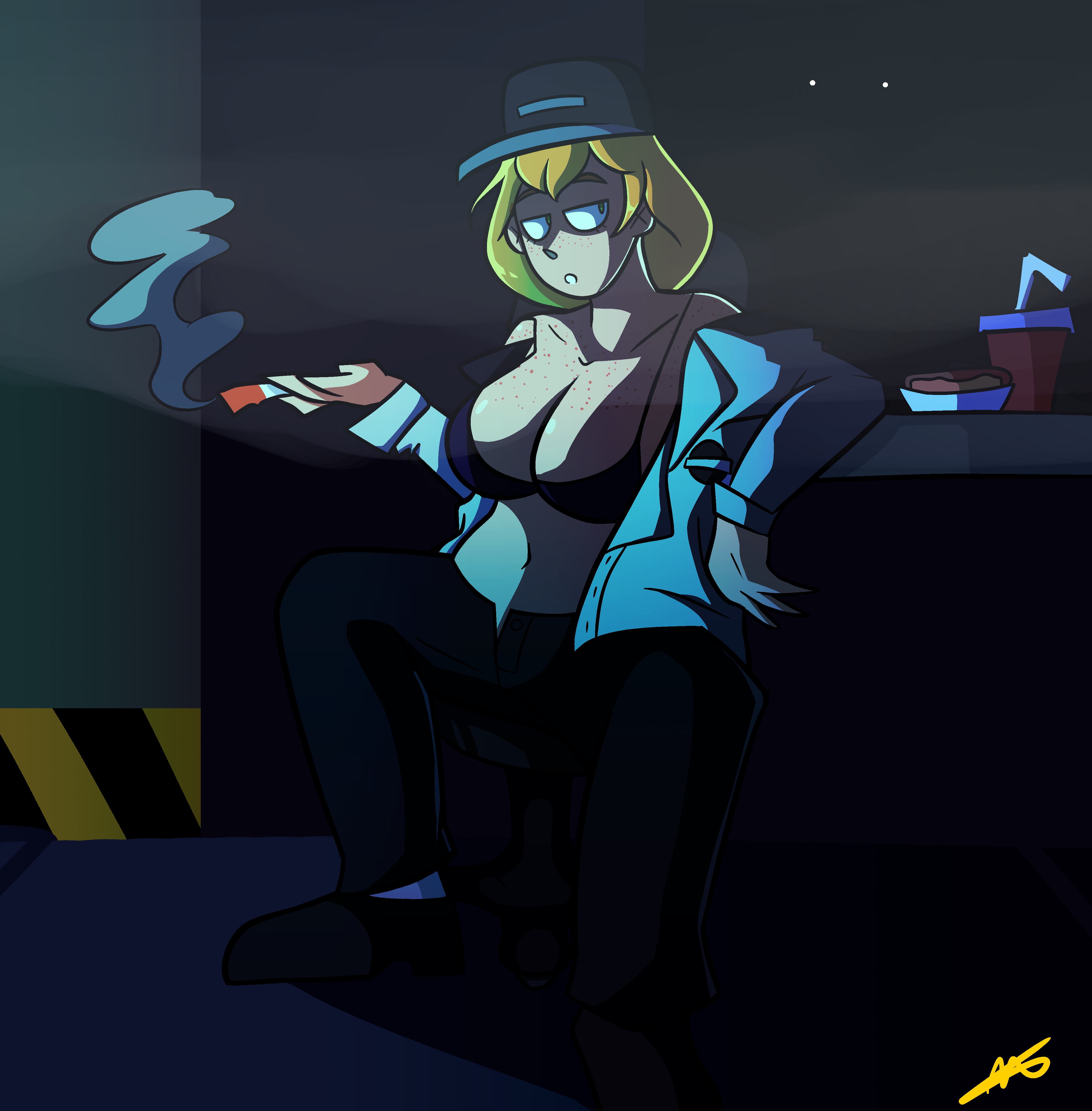artist request, big breasts, bra, breasts, cigarette, female, five nights at freddy's, five nights at freddy's: security breach, fnaf, freckles, smoking, tagme, vanessa (fnaf)