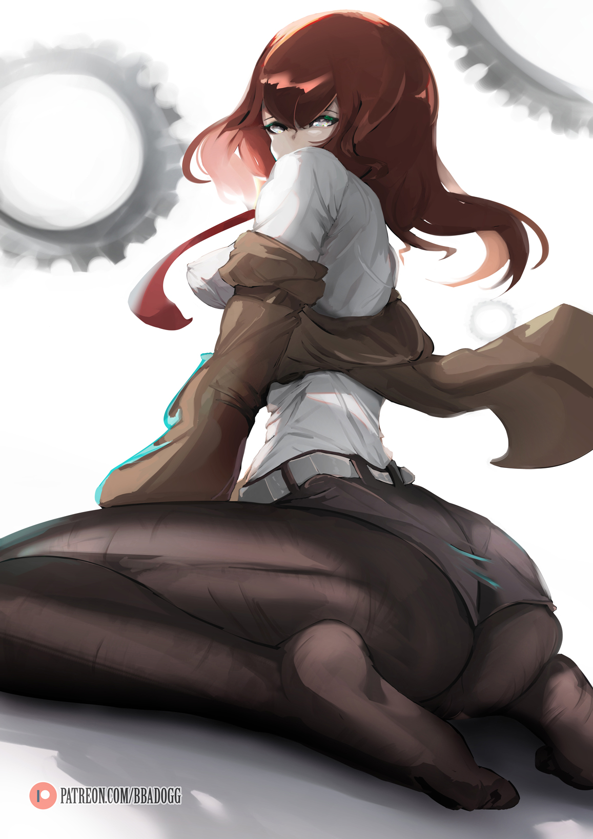 1girls, ass, bbadogg, big hips, female, female focus, female only, jacket, jacket off shoulders, large ass, large hips, light skin, light-skinned female, looking over shoulder, makise kurisu, necktie, off shoulder, red hair, short shorts, shorts, sitting, soles, solo, solo female, steins;gate, steins;gate 0, thick thighs, thin waist