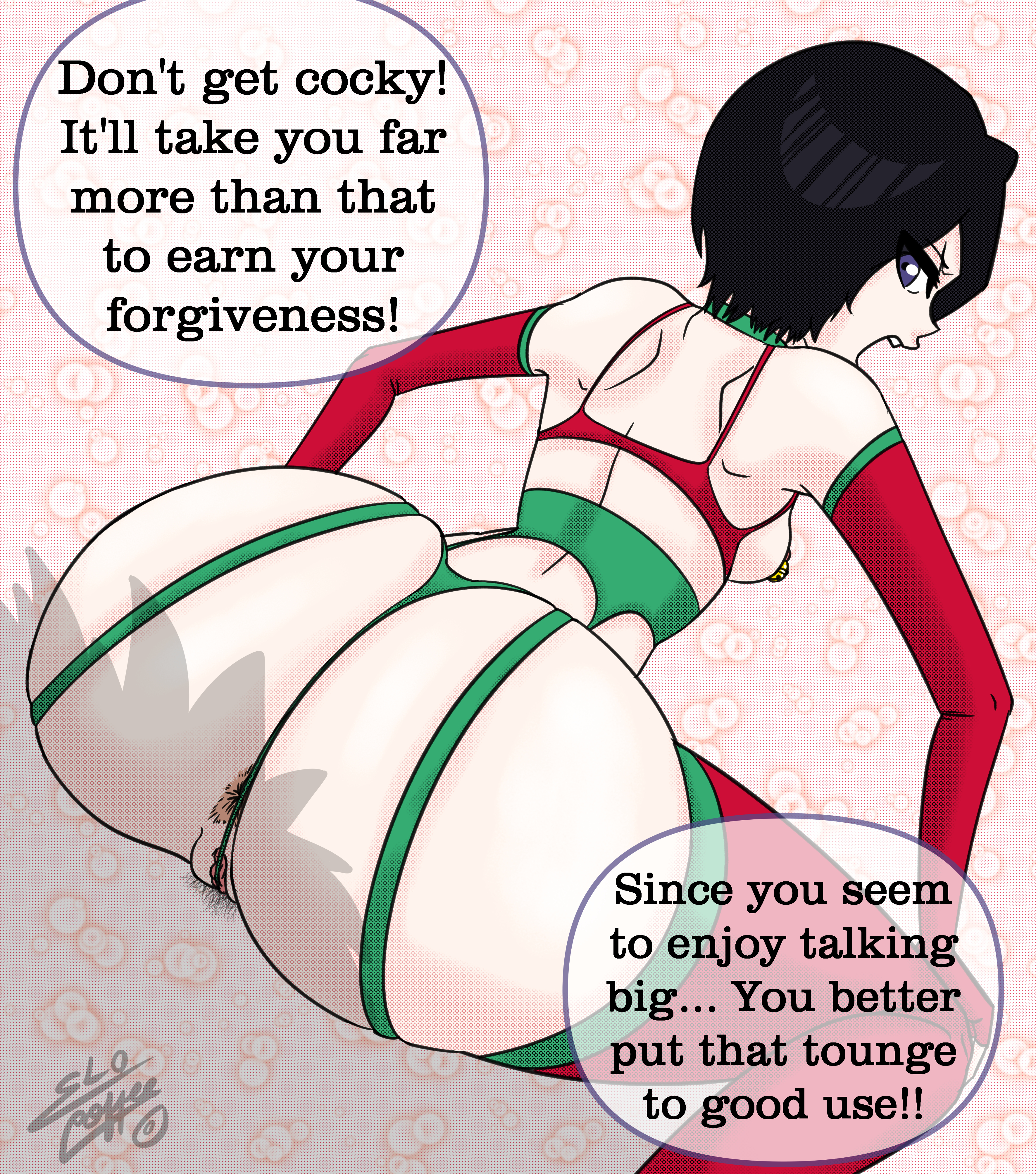 ass, big ass, bleach, christmas, coffeetheseeker, facesitting, female, garter belt, kuchiki rukia, pubic hair