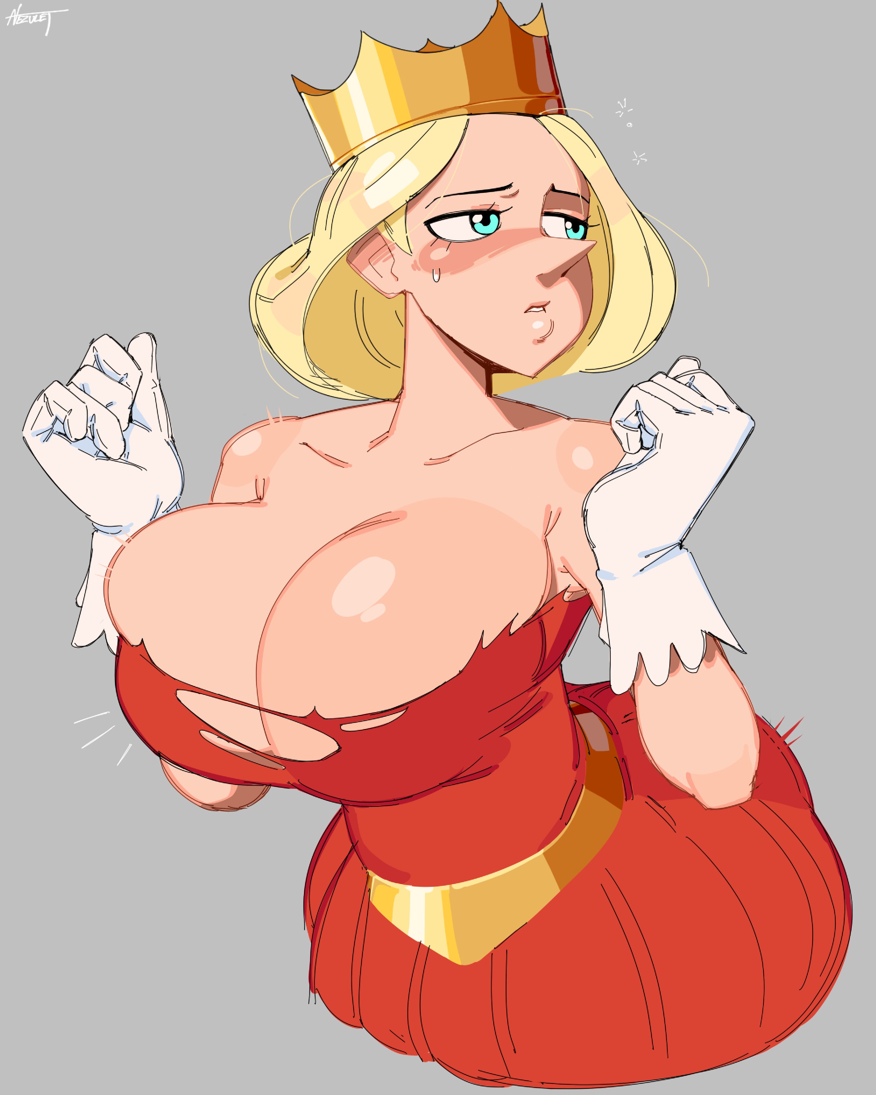 1girls, barely contained, barely contained breasts, barely fits, blonde, blonde hair, blue eyes, breasts, breasts bursting out, breasts too big, bursting breasts, cleavage, crown, deep cleavage, embarrassed, female, female focus, female only, huge breasts, inconvenient boobs, inconvenient breasts, light skin, light-skinned female, nezulet, ousama ranking, overflowing breasts, pale skin, pale-skinned female, queen, queen hilling, ripped clothing, royalty, simple background, solo, solo female, solo focus, straining clothing, tight clothes, tight clothing, tight dress, tight fit, too tight, torn clothes, torn clothing, undersized clothes, undersized clothing, wardrobe malfunction, wide hips