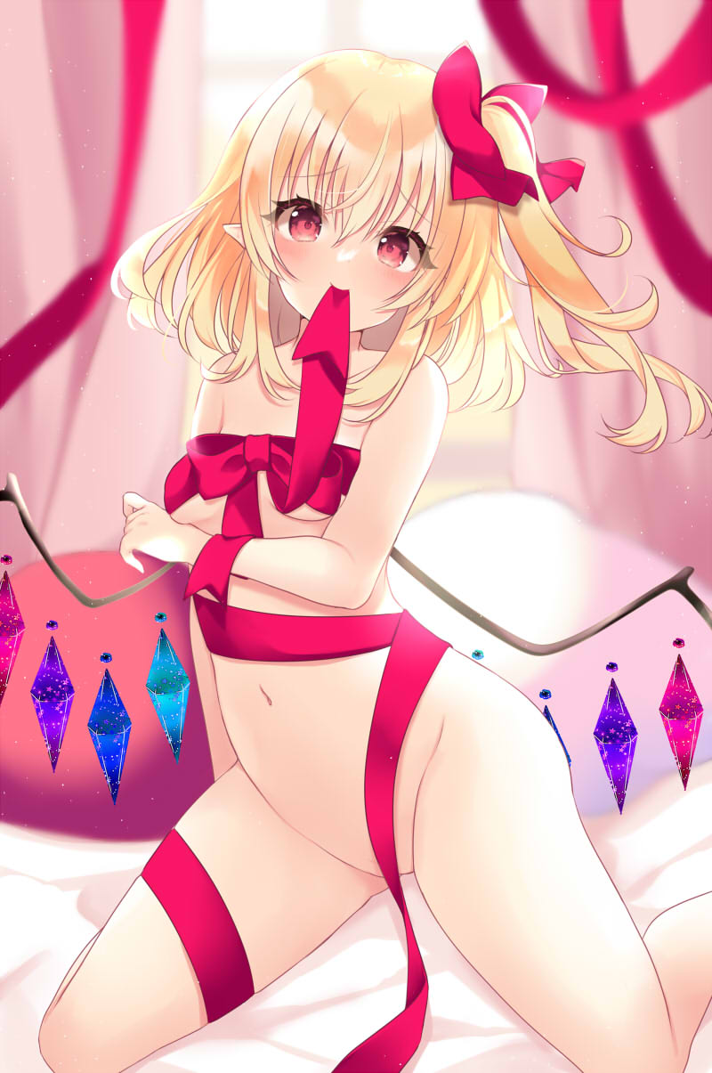 blurry blurry_background crystal cute female female flandre_scarlet foot_out_of_frame highres long_hair looking_at_viewer mouth_hold naked_ribbon no_hat no_headwear one_side_up ribbon solo tosakaoil touhou wings