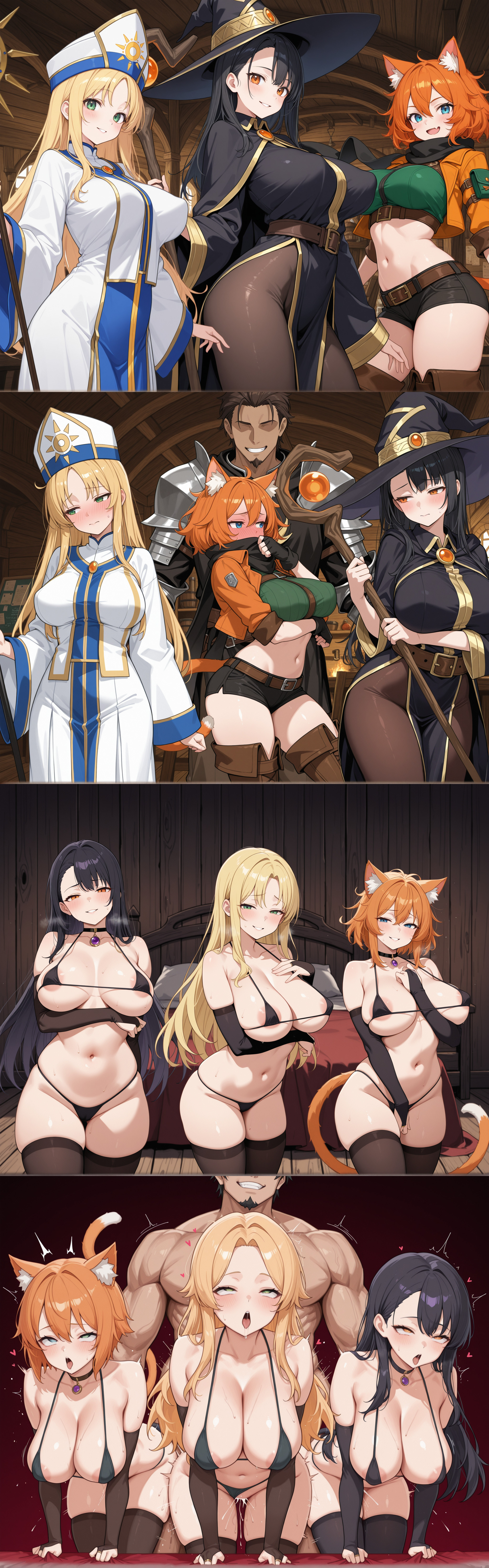 1boy, 2025, 2d, 3girls, adventurer, adventurers guild, ahe gao, ahegao face, ai generated, animal ear fluff, animal ears, areola slip, areolae, arm between breasts, arm under breasts, armor, asymmetrical bangs, asymmetrical hair, bad end, bed, bed sheet, bedroom, before and after, belt, bent over, big breasts, bikini bottom aside, black bridal gauntlets, black hair, black robe, black scarf, black thighhighs, blonde hair, blue eyes, blush, breasts, bridal gauntlets, broken rape victim, cat ears, cat girl, cat tail, catgirl, choker, cleavage, collarbone, comic, corruption, cropped jacket, embarrassed, fangs, fantasy, female, femsub, fffm foursome, fingering, foursome, full face blush, g-string, gemstone, goatee, gold trim, gradient background, green eyes, grin, hair between eyes, hair slicked back, half-closed eyes, hand on breast, hand on chest, head tilt, healer, heart, heavy breathing, human, humanoid, implied fingering, implied netorare, implied penetration, indoors, jacket, knight, large breasts, layered clothing, long hair, long sleeves, looking at viewer, looking away, mage, mage staff, male, maledom, messy hair, micro bikini, midriff, mind break, mitre, multiple girls, muscular, muscular male, navel, netorare, notreallyhere, ntr, open mouth, orange eyes, orange hair, orange tail, pantyhose, parted bangs, parted lips, pendant, pendant choker, perky breasts, pillow, priestess, pulling up clothing, purple gemstone, pussy, pussy juice, rape, red bed sheet, rogue, rolling eyes, saliva, scarf, sex, sex from behind, sheet grab, short hair, short shorts, shorts, shoulder armor, sidelocks, skin fang, skindentation, sleeves rolled up, slicked back hair, smile, staff, standing, tavern, thigh boots, thighhighs, tongue, twitching, white robe, wide sleeves, witch hat, wooden floor, wooden wall