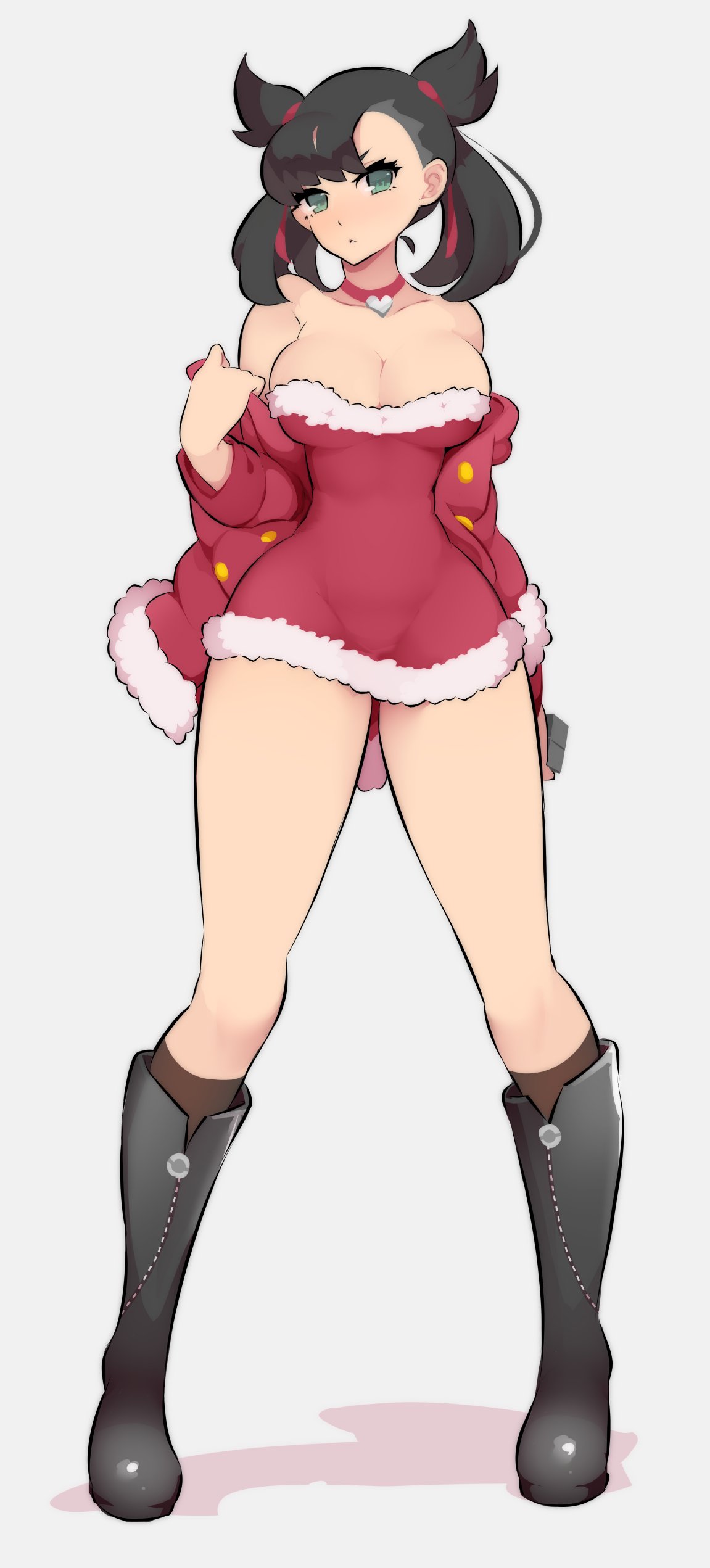 1girls, 2021, alternate breast size, black boots, black hair, black-haired female, boots, breasts, choker, christmas, cleavage, female, female only, goth, green eyes, heart choker, hips, large breasts, long legs, marnie (pokemon), nac000, nintendo, pokemon, pokemon ss, red clothing, short hair, simple background, slim waist, solo, thick thighs, thighs, twintails, white background, wide hips