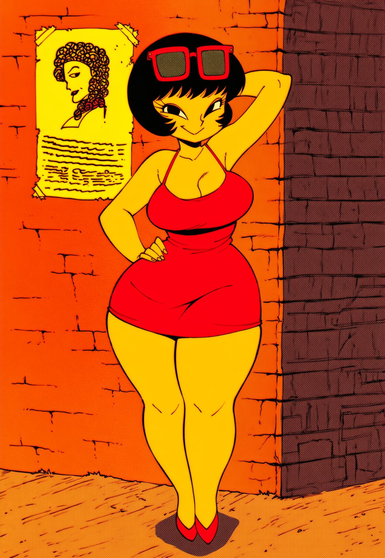 2d, ai generated, big breasts, breasts, european, european female, female, hand on head, hand on hip, hungarian, jucika, jucika (comic), leftypol, looking at viewer, mature female, one hand behind head, outdoors, plump, red dress, red shoes, short hair, smile, smiling, smiling at viewer, smirk, solo, street corner, sunglasses, sunglasses on head, thick thighs, tight clothing, tight dress, voluptuous, white woman, wide hips
