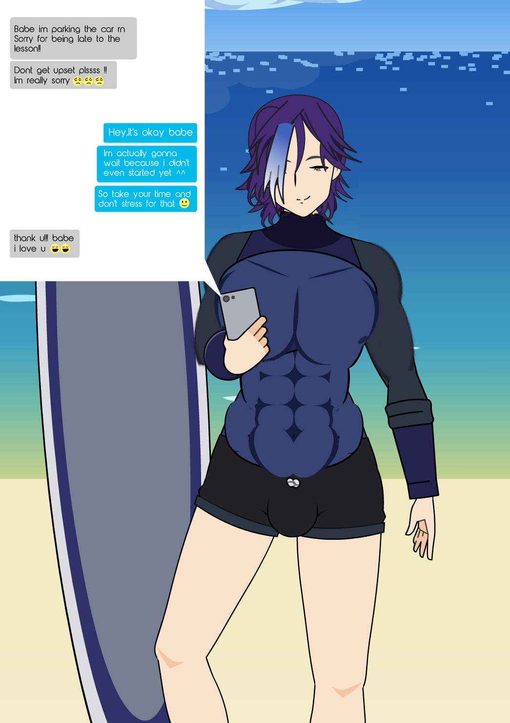 apoliac-99 blue_hair chat kisekae male_focus muscular_male phone surfboard