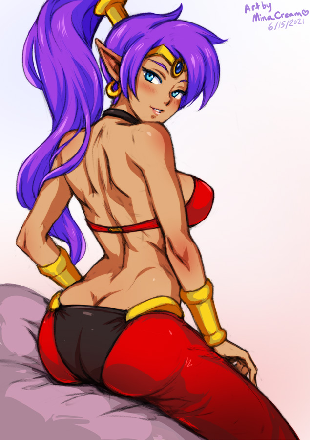 1girls, ass, back, blue eyes, breasts, butt crack, dark skin, earrings, female, from behind, jewelry, large breasts, long hair, looking at viewer, looking back, minacream, pointy ears, purple hair, shantae, shantae (character), smile, solo