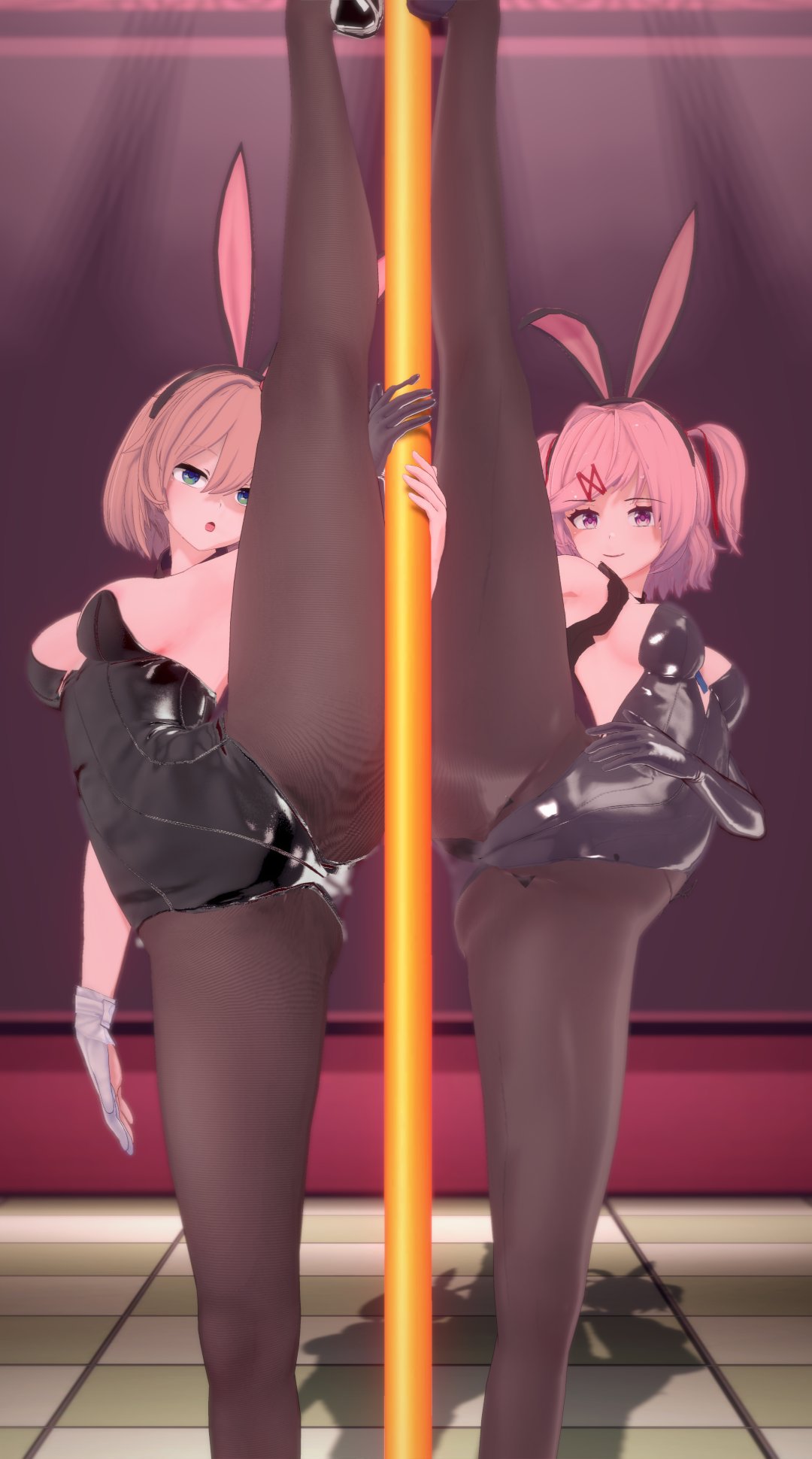2girls, 3d, bunny ears, bunny girl, bunnysuit, doki doki literature club, female, female only, mashirosolera, multiple girls, natsuki (doki doki literature club), pantyhose, sayori (doki doki literature club), spread legs, strip club