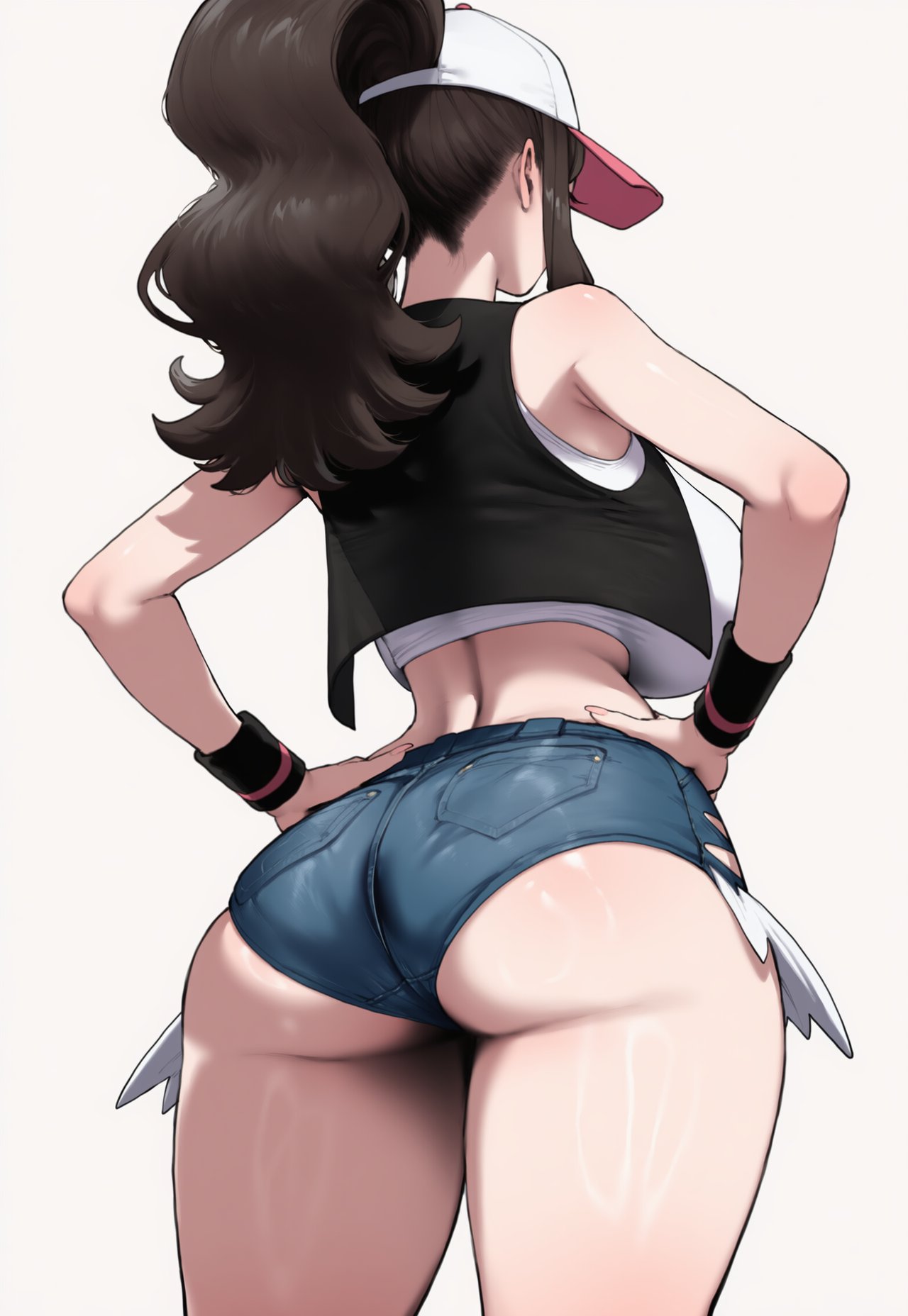 1girls, ai generated, ass, ass hanging out, ass hanging out of shorts, booty shorts, breasts, female, female focus, female only, hilda (pokemon), large ass, large breasts, light skin, light-skinned female, minishorts, nintendo, pokemon, short shorts, shorts, solo, thick thighs, thighs, truck kun, truck-kun art, wide hips
