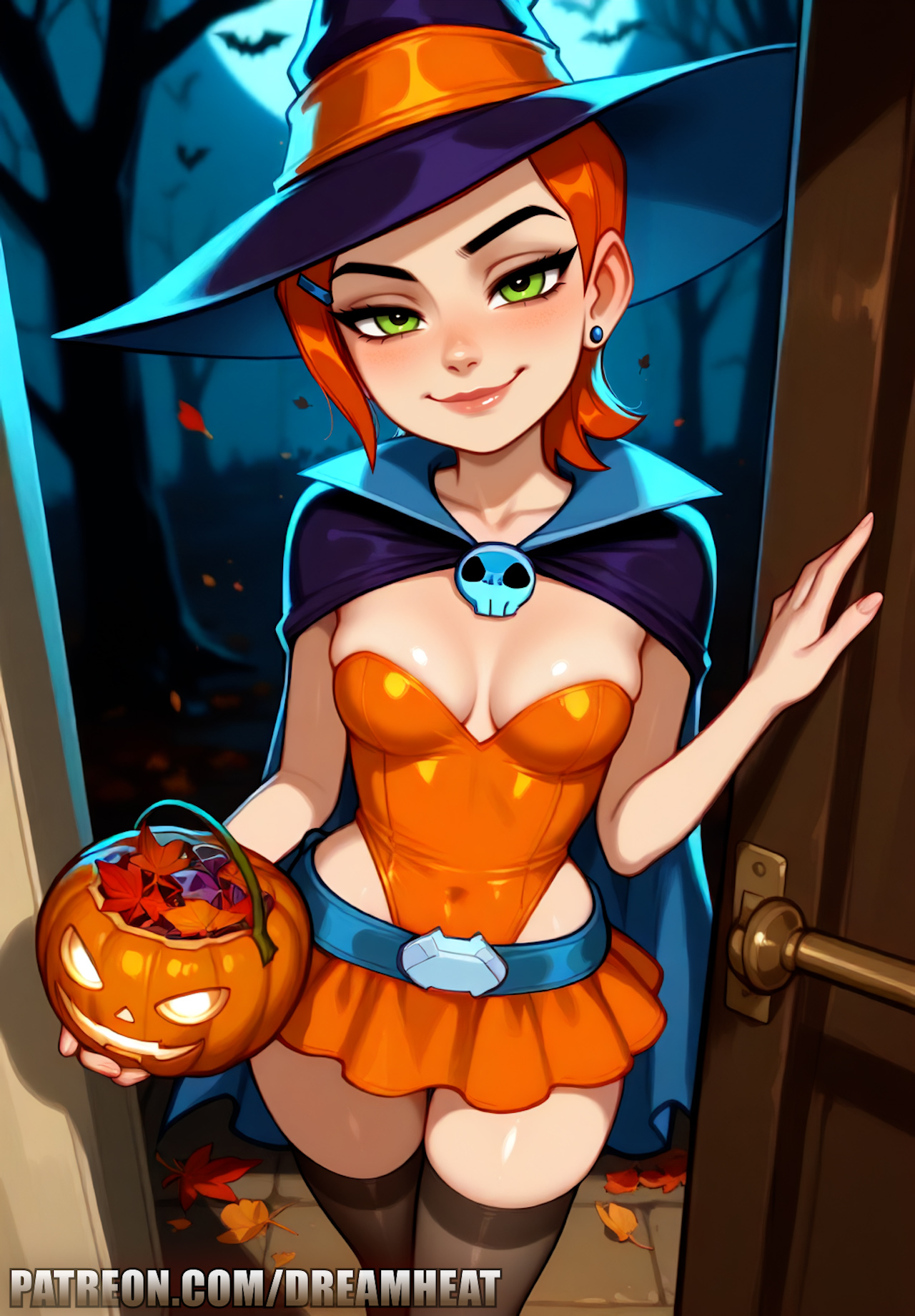 1girls, ai generated, autumn, autumn leaves, ben 10, breasts, dreamheat, earrings, female, forest, green eyes, gwen tennyson, halloween, halloween costume, jack o' lantern, night, orange dress, purple cape, red hair, short hair, small breasts, solo, thighhighs, witch costume, witch hat