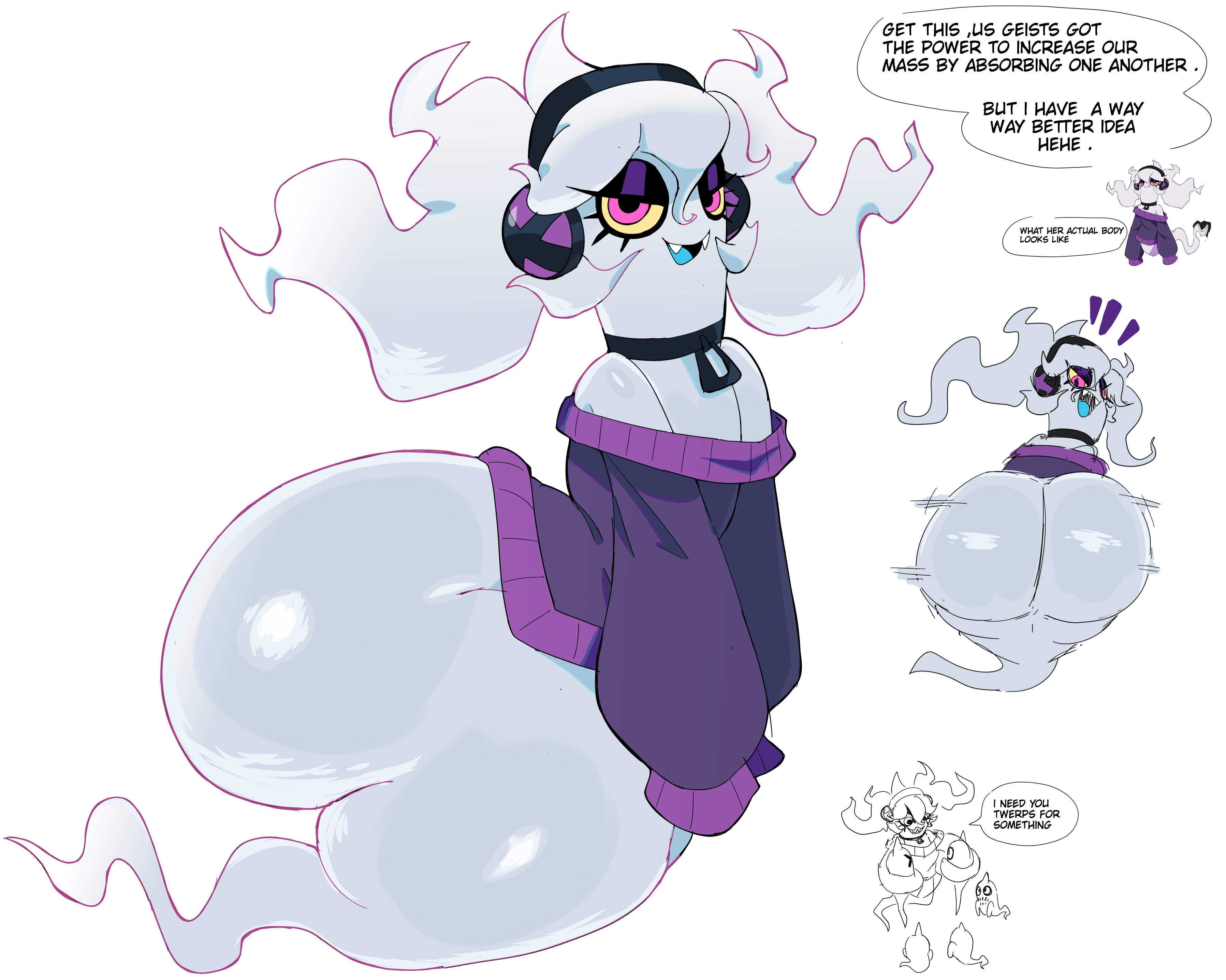 big ass, bottomless, bubble butt, cyberlord1109, dialogue, ezra geist (cyberlord1109), ezra geist (glitchlord8391), female, ghost, ghost girl, glitchlord8391, looking at viewer, shaking ass, text, thick thighs, twerking