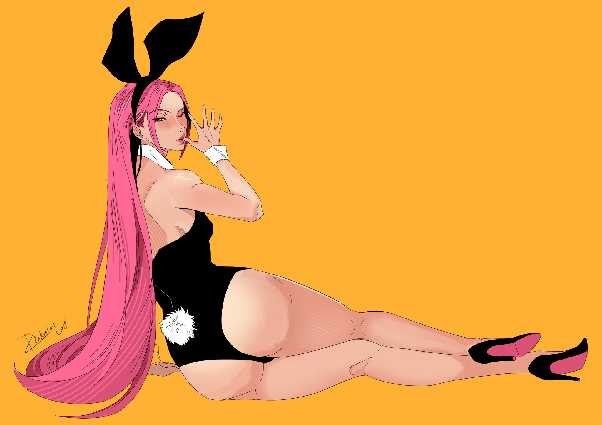 1girls, ass, black bunnysuit, bunny ears, bunny girl, bunny tail, bunnysuit, female, female only, kpop demon hunters, mira (kpop demon hunters), pink hair, pinkvelvet 68, playboy bunny