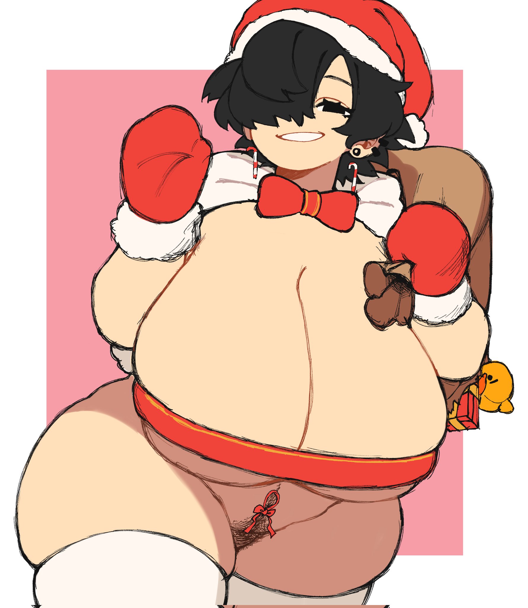 2021, big breasts, black hair, bottomless, breasts, busty, christmas, christmas clothing, christmas headwear, christmas outfit, cleavage, curvy, curvy body, curvy female, curvy figure, female, hairy pussy, holidays, huge breasts, large breasts, magnolia (mctamagomaki), mctamagomaki, pubes, pubic hair, pussy, red gloves, simple background, skimpy, skimpy clothes, skimpy outfit, thick thighs, venus body, voluptuous, white background, wide hips