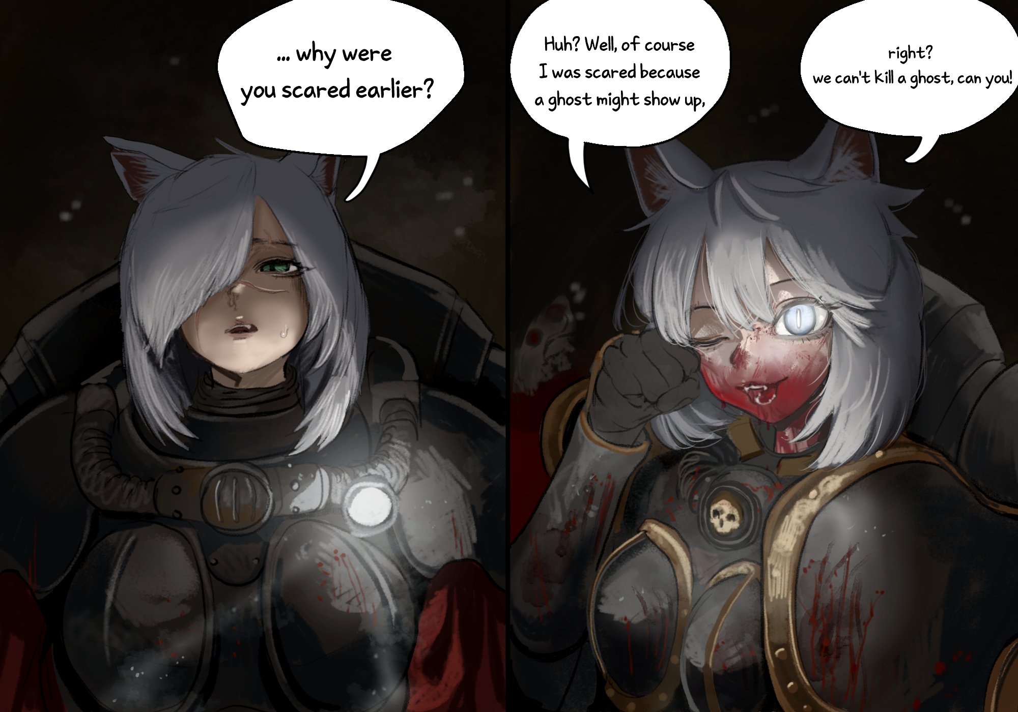 101ho, 2girls, armor, armored female, blood on face, cat ears, cat girl, cat tail, catgirl, comic, fangs, felinid, felinid sisters comic (101ho), female, green eyes, pale skin, pale-skinned female, short hair, sister of battle, sweat, warhammer (franchise), warhammer 40k, white body, white fur, white hair, white skin