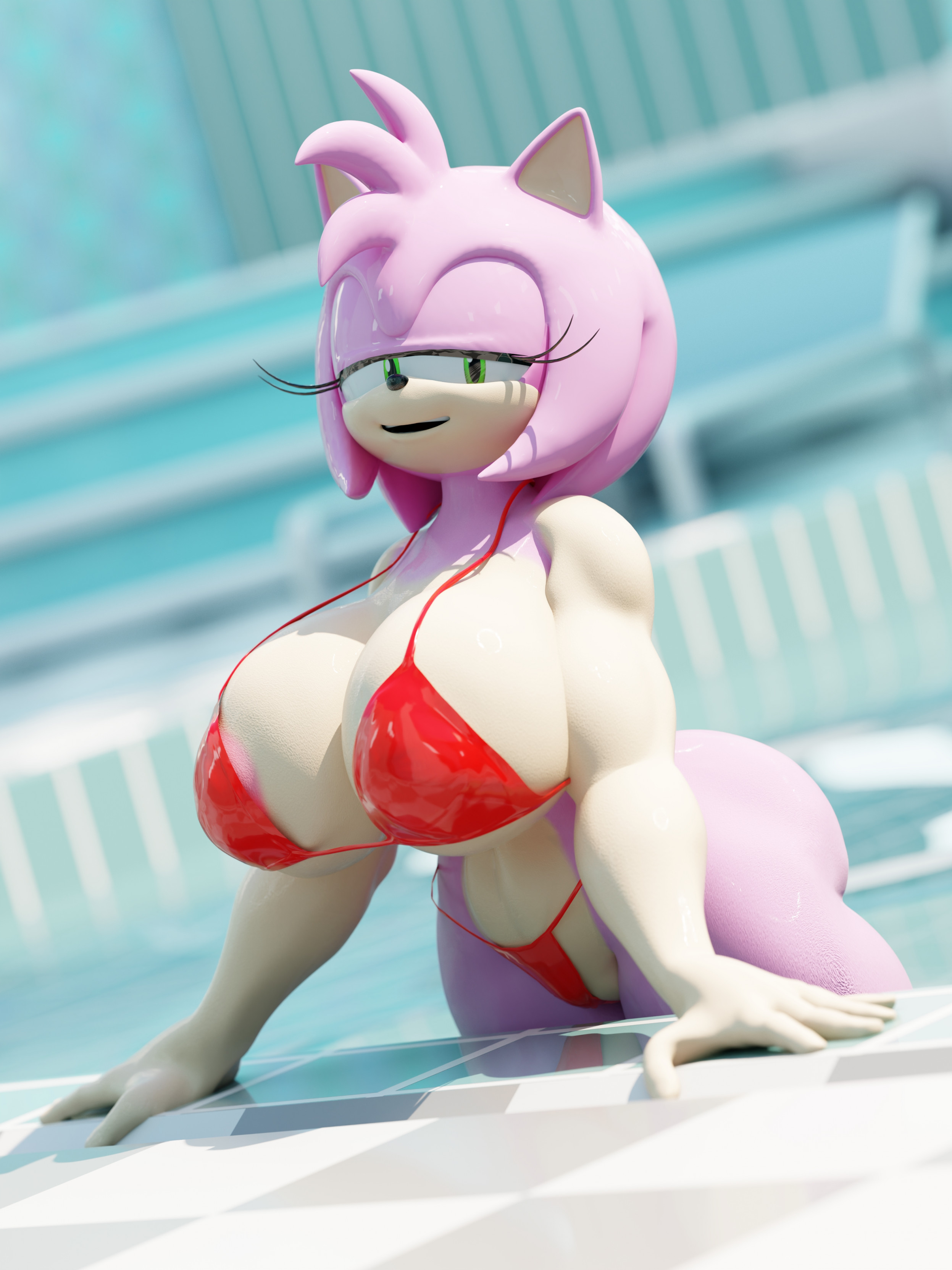 1girls, 2025, 3d, amy rose, big ass, big breasts, breasts, female, female only, furry, furry female, furry only, green eyes, looking at viewer, onehundredandone, pink fur, pink hair, pool, poolside, red swimsuit, seductive, seductive look, sega, sonic (series), swimsuit, swimwear, tagme