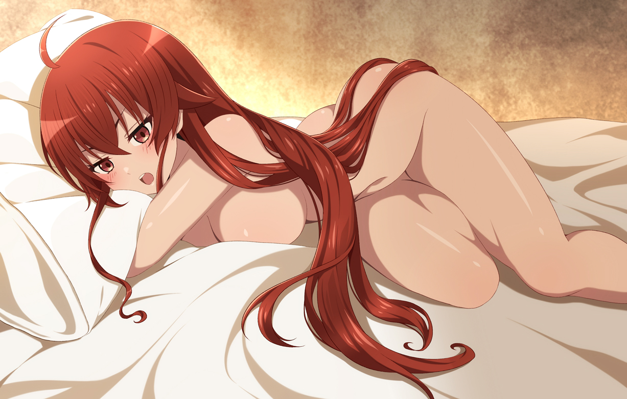 1girls, ahoge, bed, blush, eris greyrat, female, female only, mushoku tensei, open mouth, pillow, pillow grab, red eyes, red hair, sheets, solo