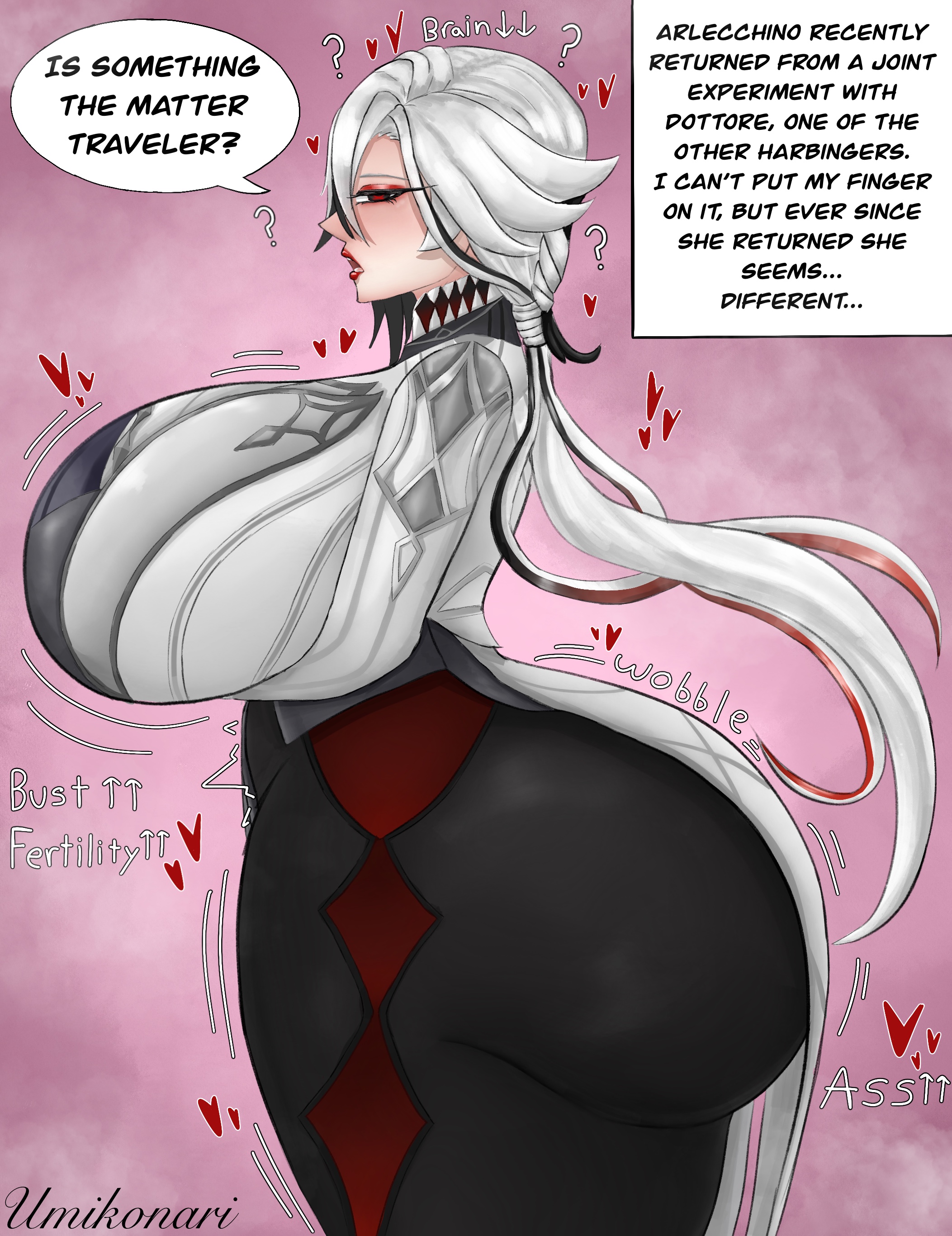 1girls, arlecchino (genshin impact), artist name, ass, big ass, big breasts, breasts, clothing, english text, female, female only, genshin impact, gigantic ass, huge ass, huge breasts, hyper ass, light-skinned female, pants, side view, solo, standing, text, text box, text bubble, tight clothing, umikonari, voluptuous
