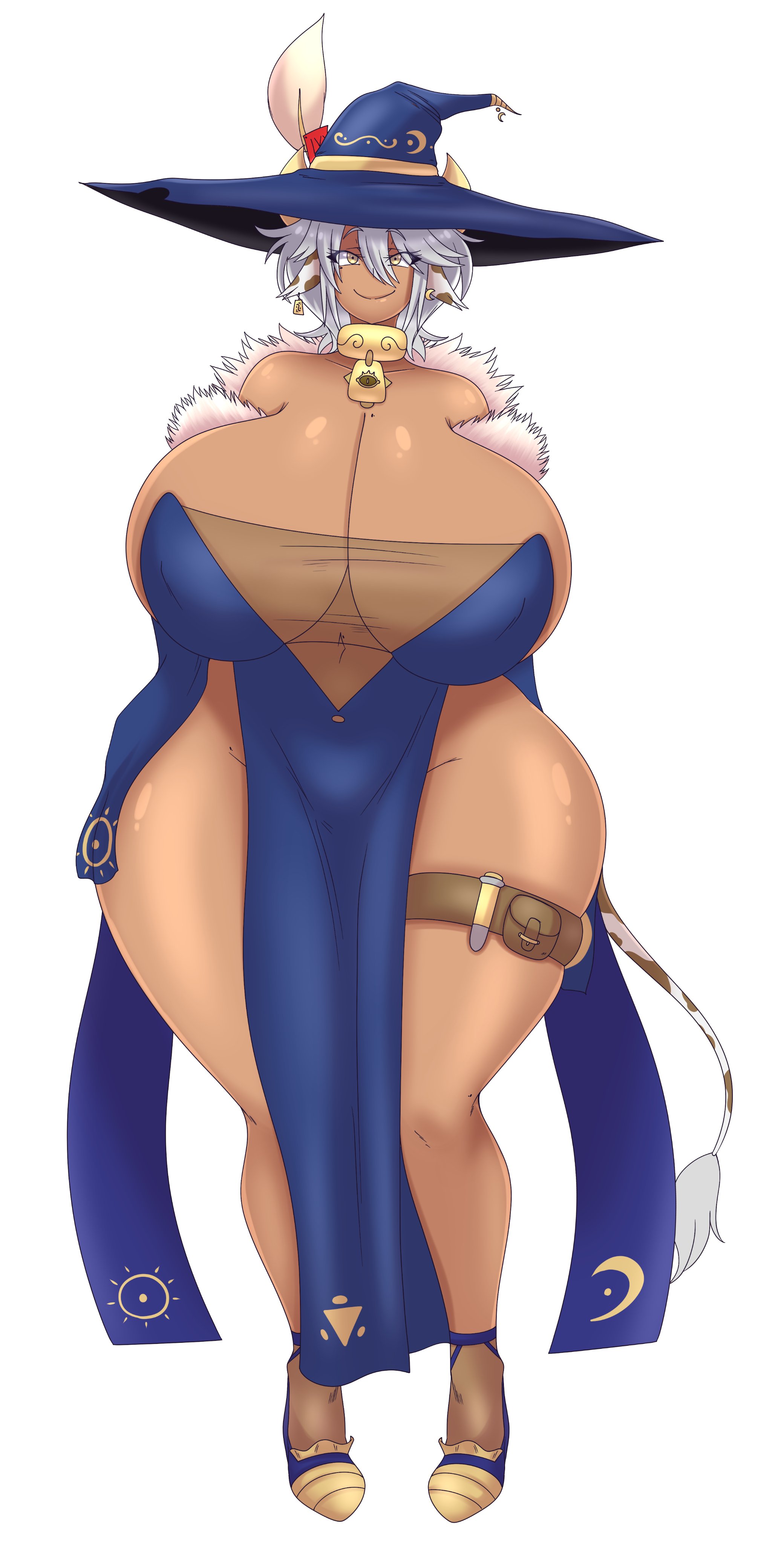 1girls, 2d, 2d (artwork), big breasts, breasts, breasts bigger than head, clothed, clothing, color, cow ears, cow girl, cow tail, crysnickel, dark skin, dark-skinned female, female, female focus, female only, hazel (crysnickel), large breasts, massive breasts, original, shaded, solo, solo female, solo focus, tan body, tan skin, tan skinned female, voluptuous, voluptuous female, white background, white hair, white hair female, wide hips