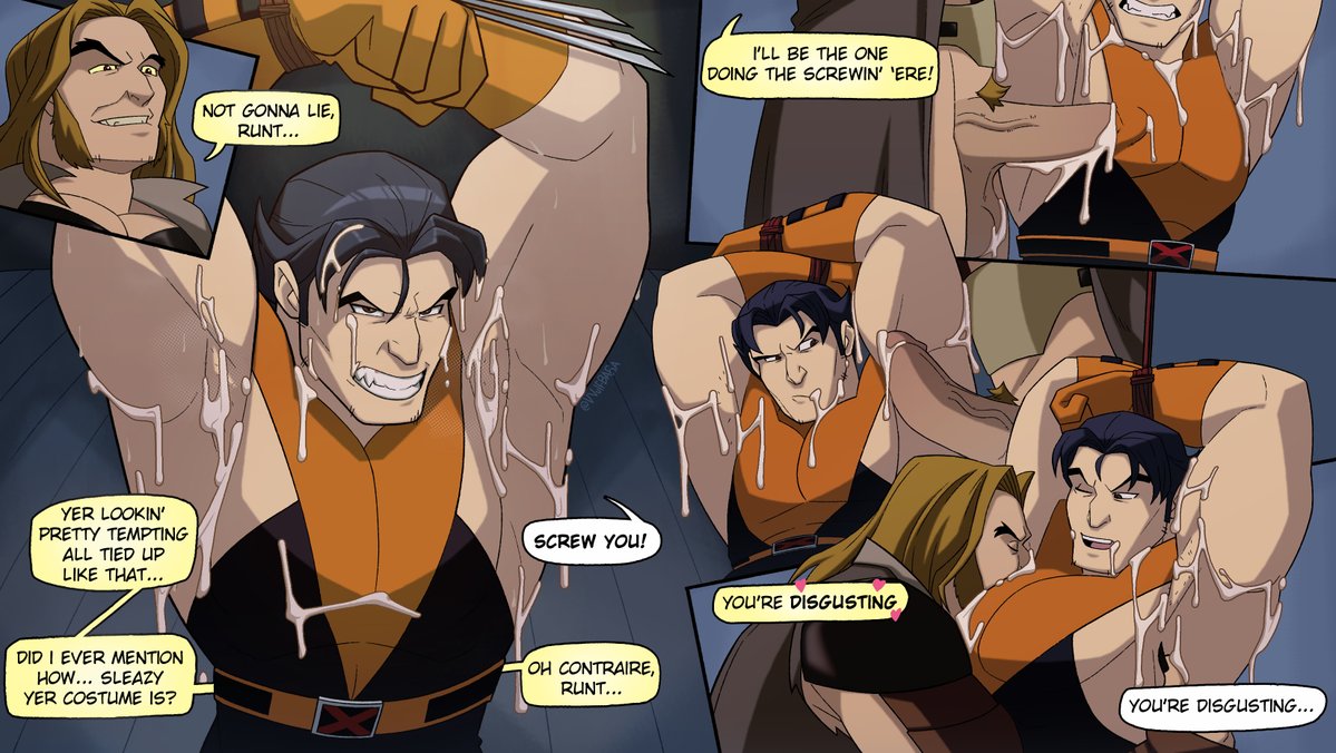 armpits, bara, boner, cock, cum, cum on body, dick, erection, gay, logan (x-men), male, male only, marvel, marvel comics, muscular, muscular male, penis, tied hands, vvulfbara, wolverine (x-men), x-men, yaoi