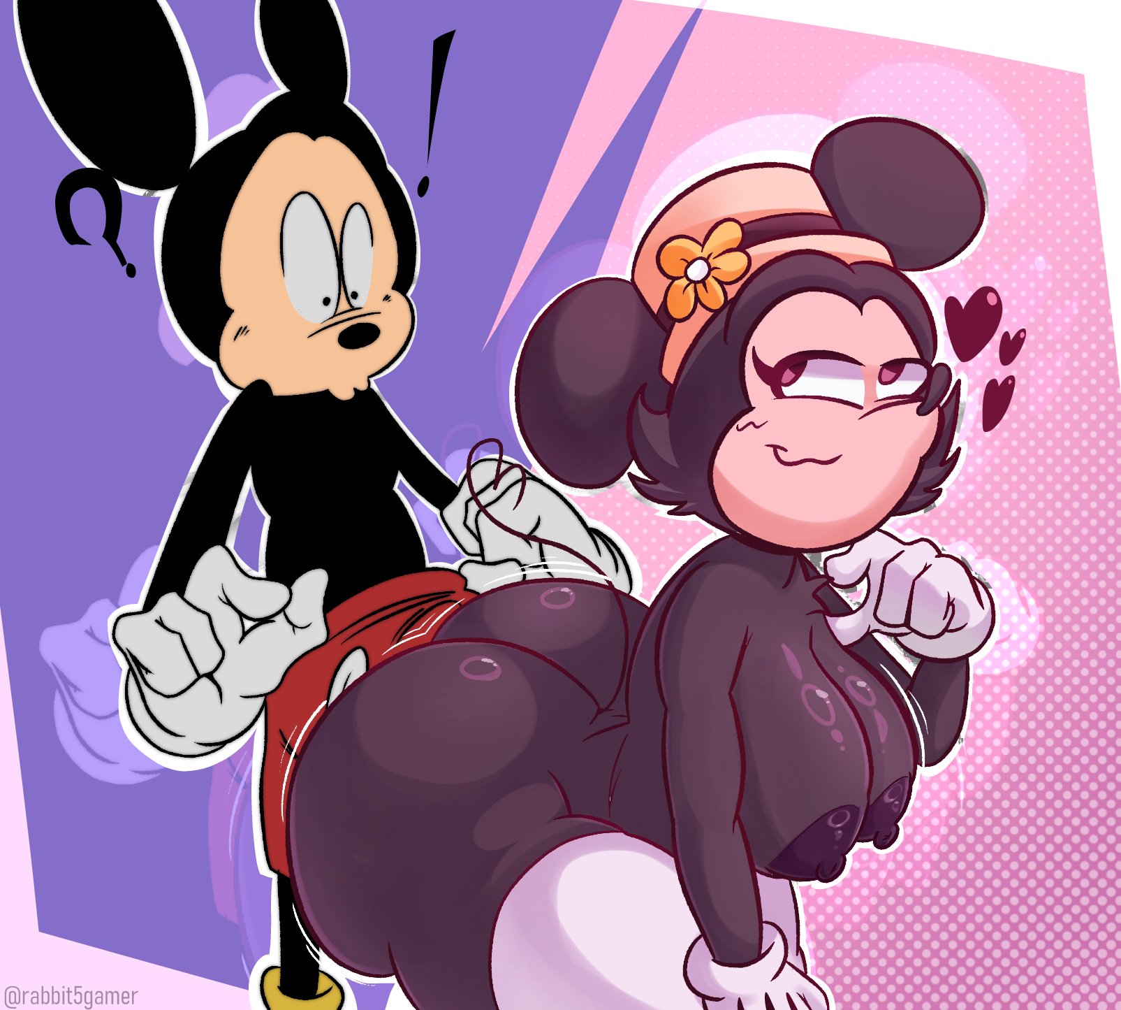 1boy, 1girls, 2025, anthro, anthropomorphic, artist name, ass, big ass, big breasts, big butt, black eyes, black fur, breasts, butt, clothed male, confused, crossover, disney, ears, erection, female, flower, flower on hat, friday night funkin, friday night funkin mod, gloves, hat, heart, heart symbol, heart-shaped tail, implied sex, magret mouse, male, male/female, markus (vs mouse retold), mouse boy, mouse ears, mouse girl, naked female, nude female, pale-skinned female, pink eyes, rabbit5gamer, smug face, tail, teasing with butt, thighhighs, vs mouse, vs mouse retold, vs mouse tale