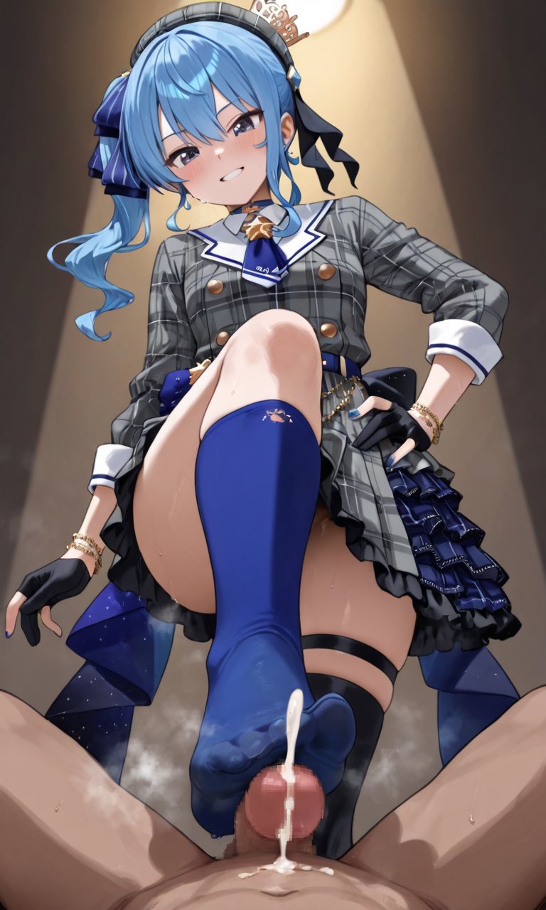 1boy, 1girls, ai generated, assertive, assertive female, blue eyes, blue hair, blush, clothed female nude male, cum, dominant female, female, foot fetish, footjob, hololive, hololive gen 0, hololive japan, hoshimachi suisei, male, penis, pov, smile, sorapixaiii, steam, steaming body, stepped on, stepping on penis, sweat, sweatdrop, thick thighs, thighs, virtual youtuber, vtuber
