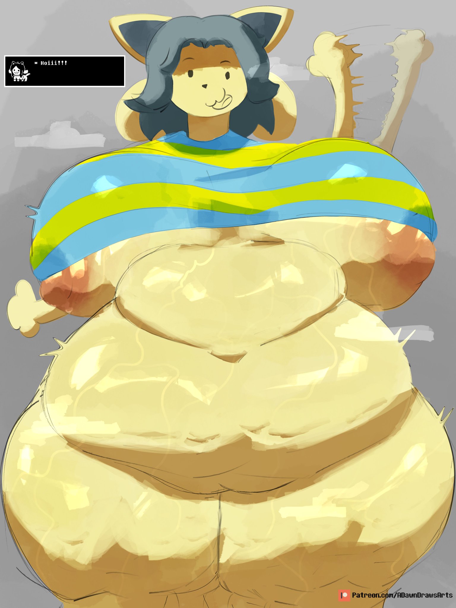 adawndraws, chubby, chubby female, dialogue, feline, female, solo, tagme, temmie, temmie (undertale), undertale