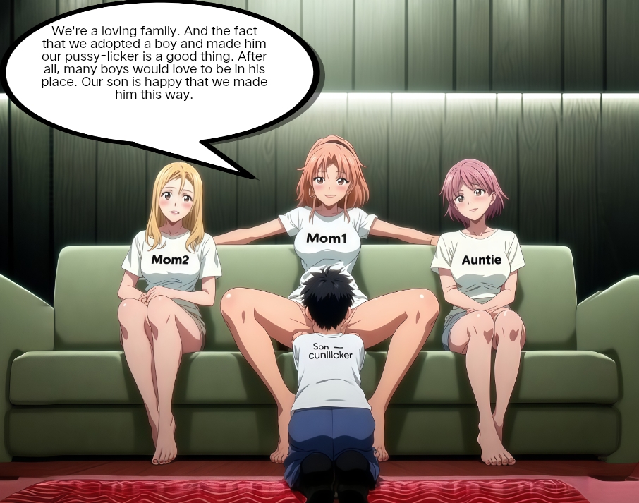 1boy, 2mothers, 3women, ai generated, ambiguous gender, aunt, cunnilingus, female, male, mother, mother and son, son, straight